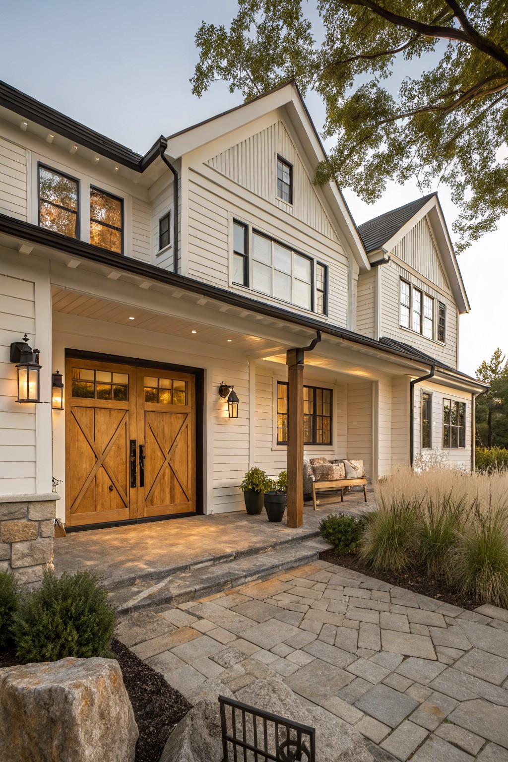 White modern farmhouse exterior with wooden garage doors, covered porch supported by timber posts, lanterns, bench with cushions, potted plants, bluestone pathway, and surrounding landscaping under evening sky.