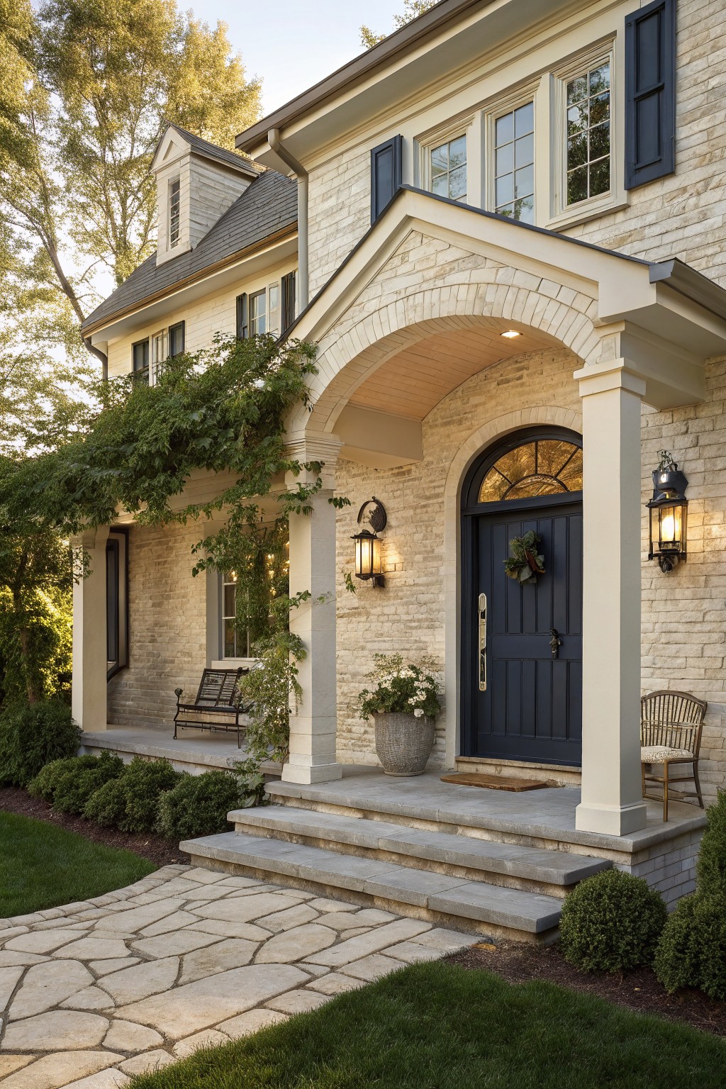 Two-story beige brick house with gabled roof, arched brick porch entry featuring navy front door with wreath, lanterns, columns, potted plant, bench, chairs, steps, flagstone path, and landscaped yard with shrubs and trees.