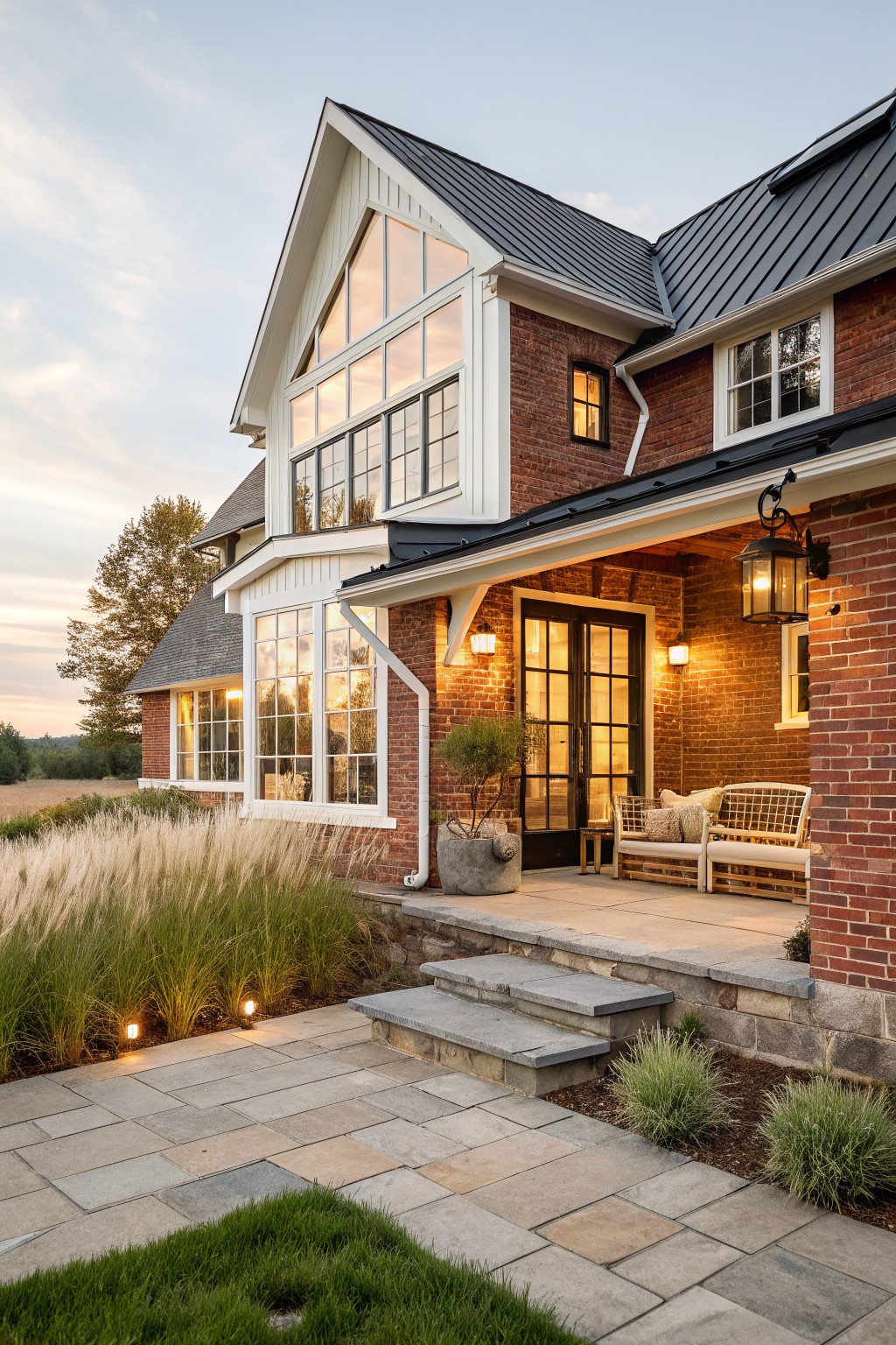 Exterior of a two-story modern farmhouse with brick lower walls, white shiplap siding and gable roof above, large multi-pane windows, covered porch with black doors and benches, stone steps, bluestone pathway, and ornamental grasses in evening light.