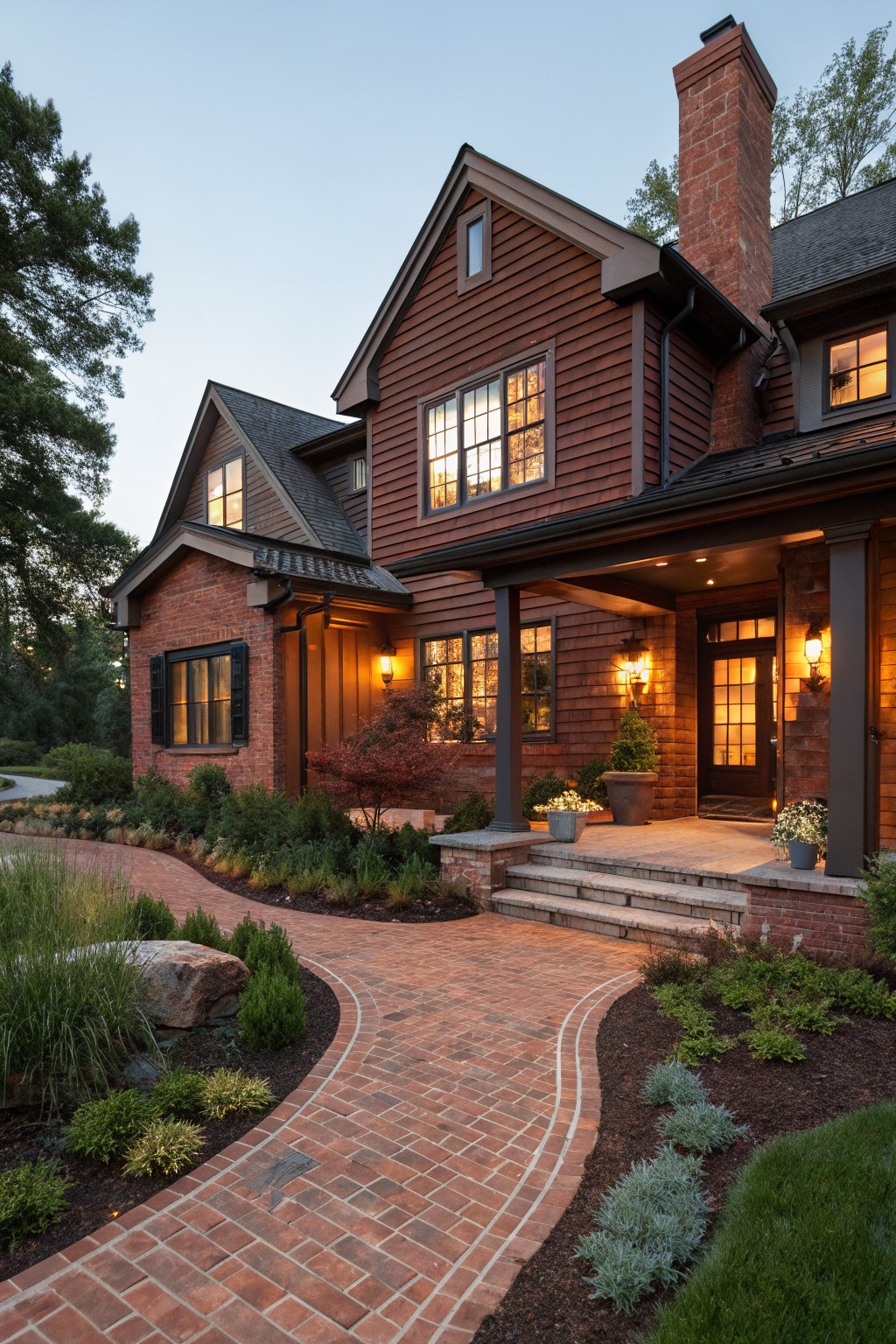 Evening photo of a two-story house exterior featuring brown wood shingle siding, a tall brick chimney, covered front porch with columns, brick entry accents, winding brick pathway, and landscaped borders with plants and trees.