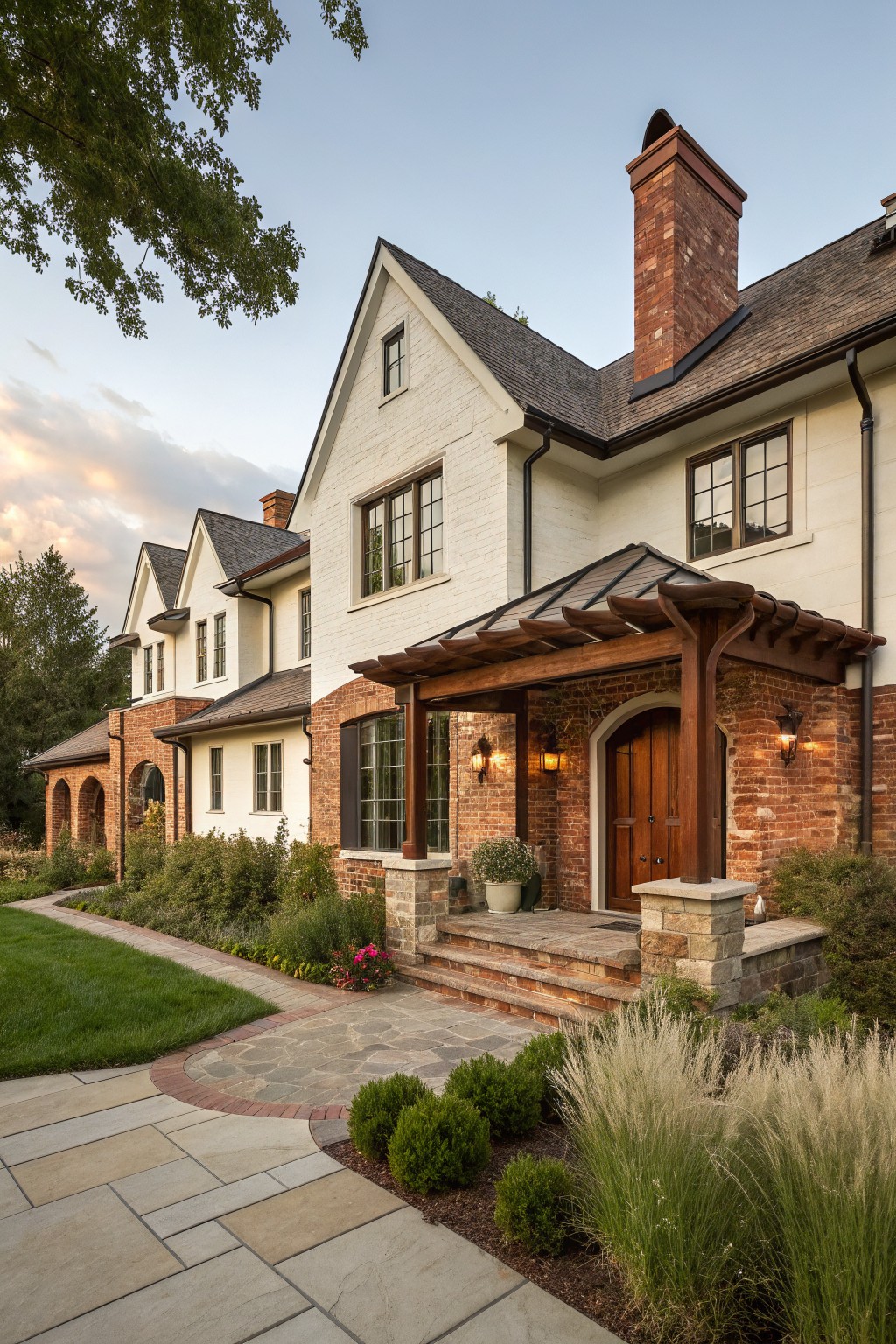 Multi-story house exterior with white siding, shingled roof, brick chimney and entry portico under wooden pergola, stone steps, and landscaped path leading to the front door.