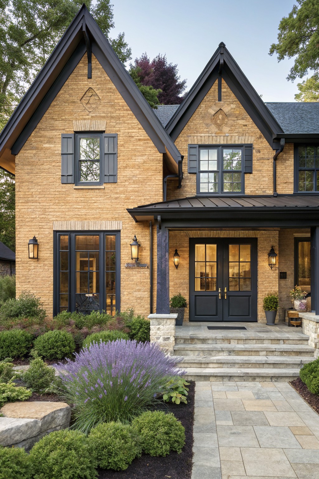 Tan brick two-story house with gabled roofs, black metal porch roof supported by dark columns, black-framed windows and double doors at the entry, stone steps, and landscaped path with shrubs and lavender.