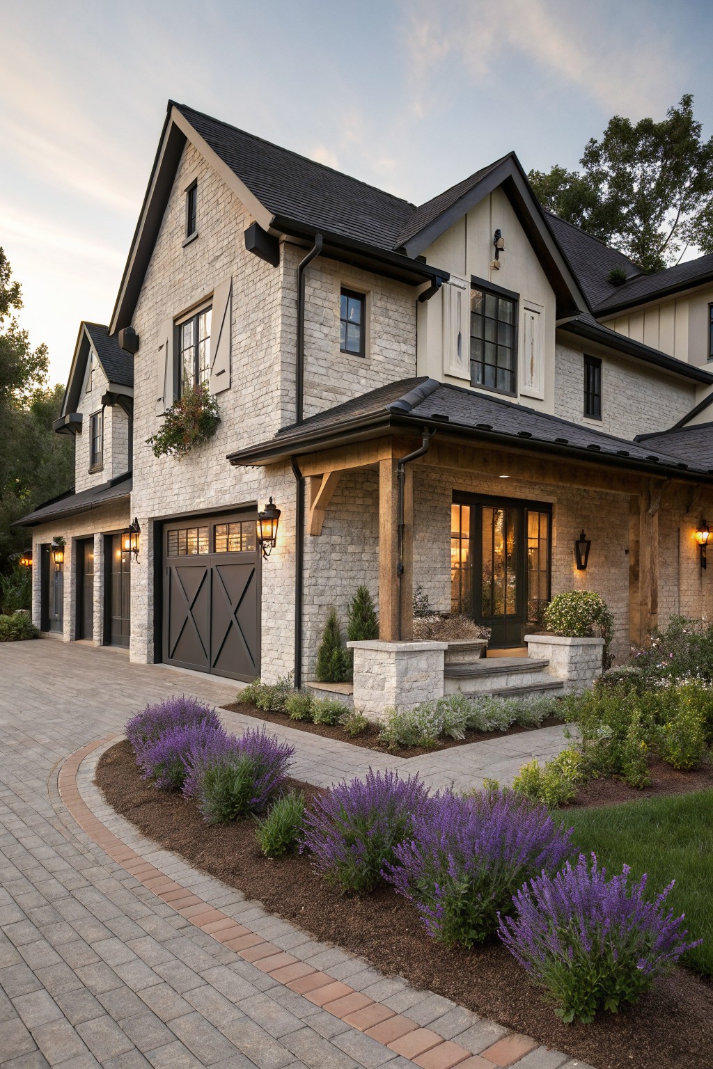 Two-story house exterior with light brick walls, black X-pattern double garage doors, wooden-beamed covered porch entry, stone steps, and purple lavender shrubs along a curved paver driveway.