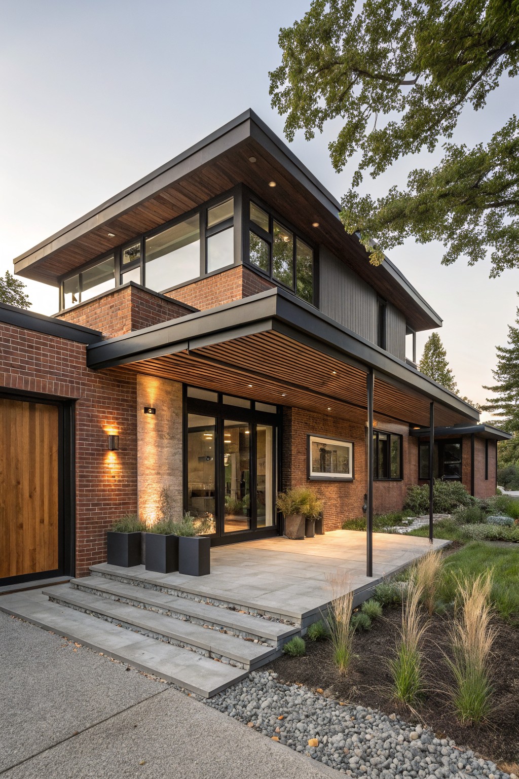 Two-story brick house exterior featuring a cantilevered entry canopy with wood slat ceiling, large glass entry doors, wooden garage door, concrete steps, and ornamental grasses in the landscaping at dusk.