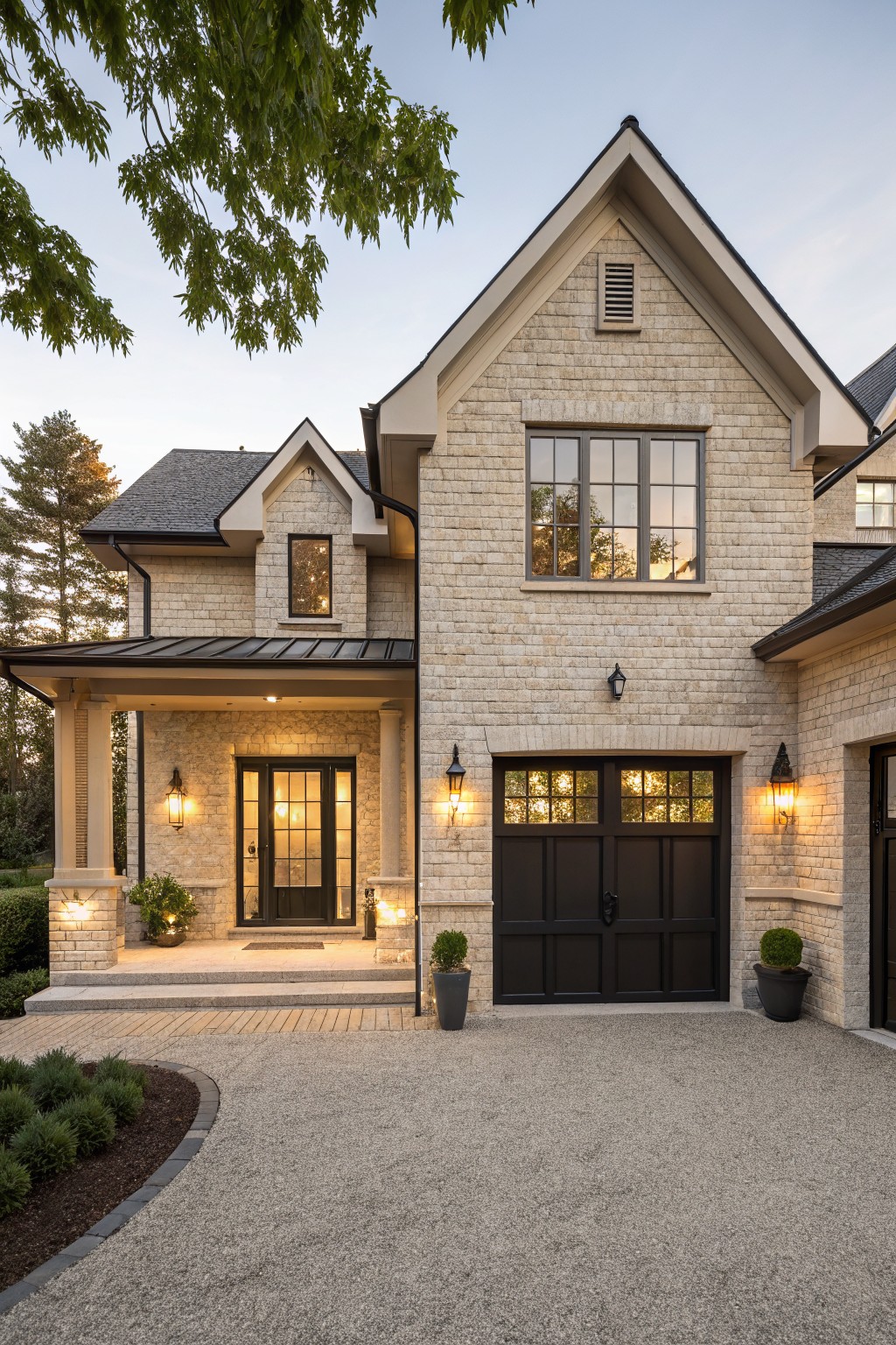 Front exterior of a two-story house with light beige brick walls, black standing-seam metal roof, covered porch with columns, black front door and garage doors, wall lanterns, potted plants, gravel driveway, and low landscaping.