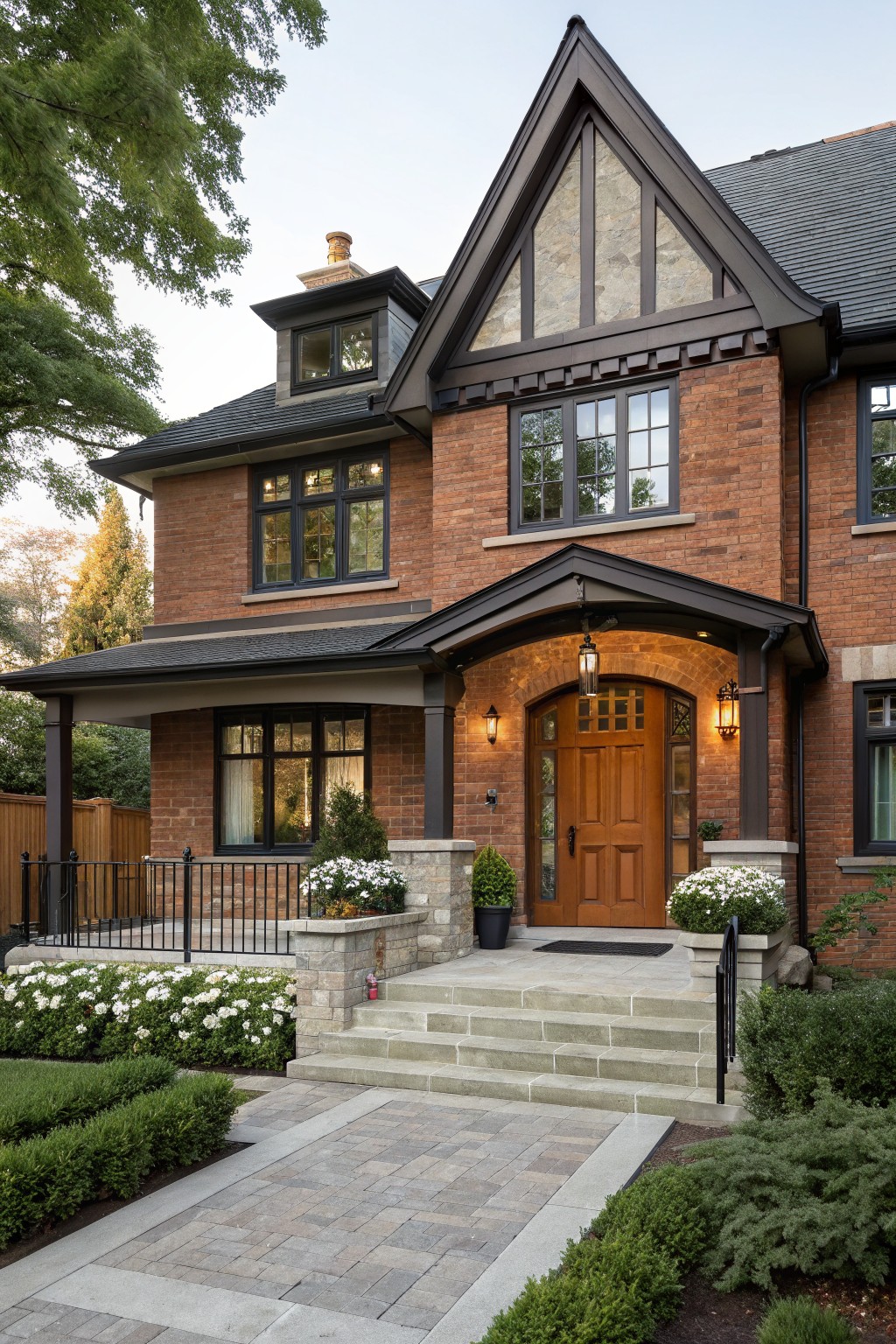 Two-story brick house exterior featuring a gabled roof, black-framed windows, covered front porch with wooden door, stone steps, and low landscaping along the walkway.