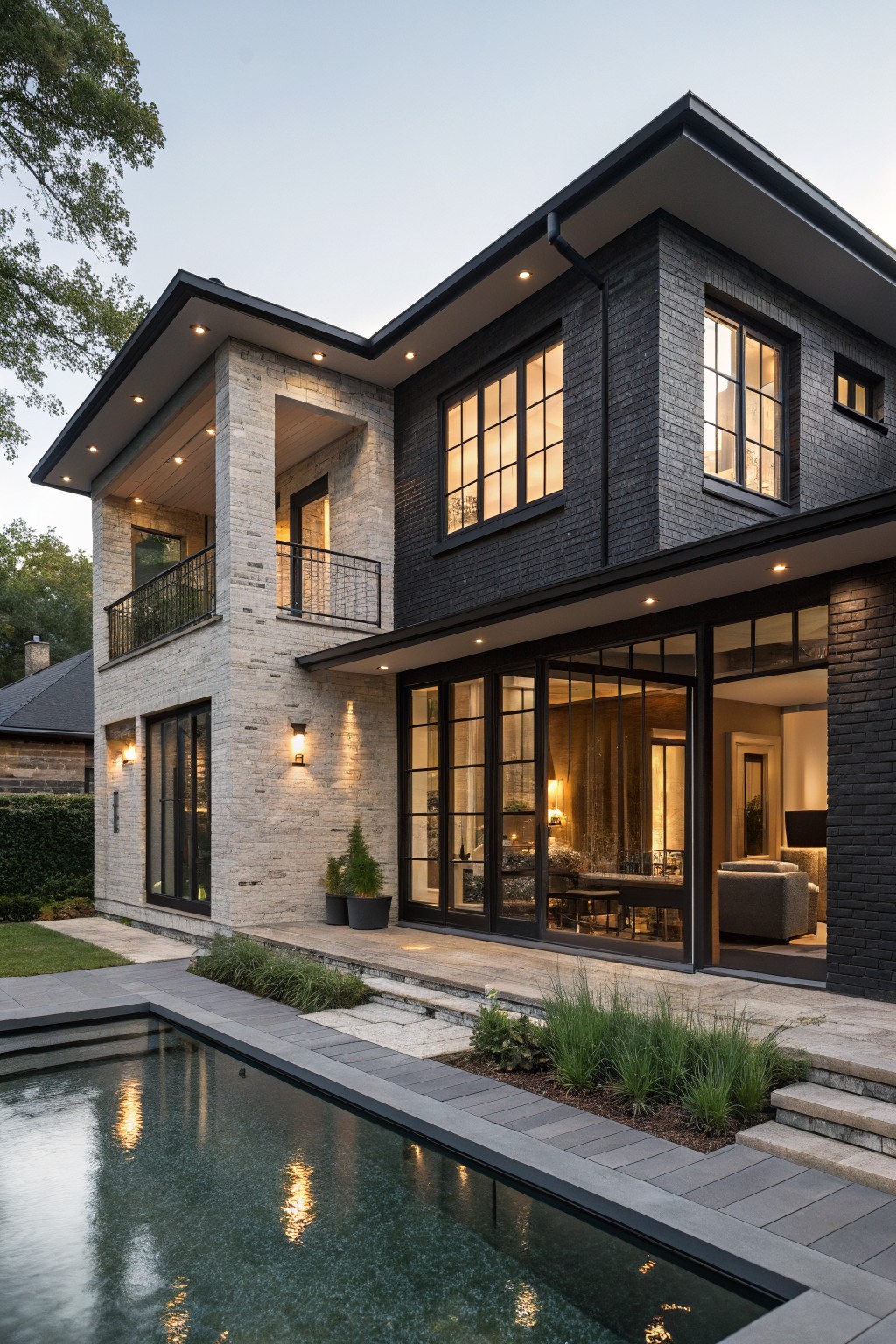 Two-story house exterior at dusk showing light beige stone on the left with balcony and dark gray brick on the right, large black-framed windows and glass doors opening to a rectangular pool with gray tile deck and low plants.
