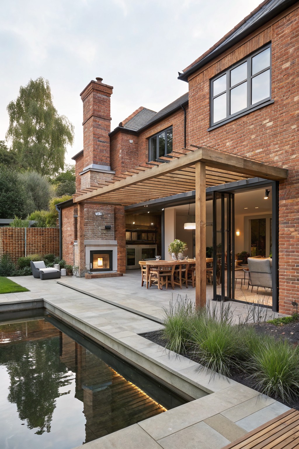 Rear exterior of a brick house with a wooden pergola over a gray stone patio, outdoor dining table, fire pit, and adjacent rectangular pool edged in stone.