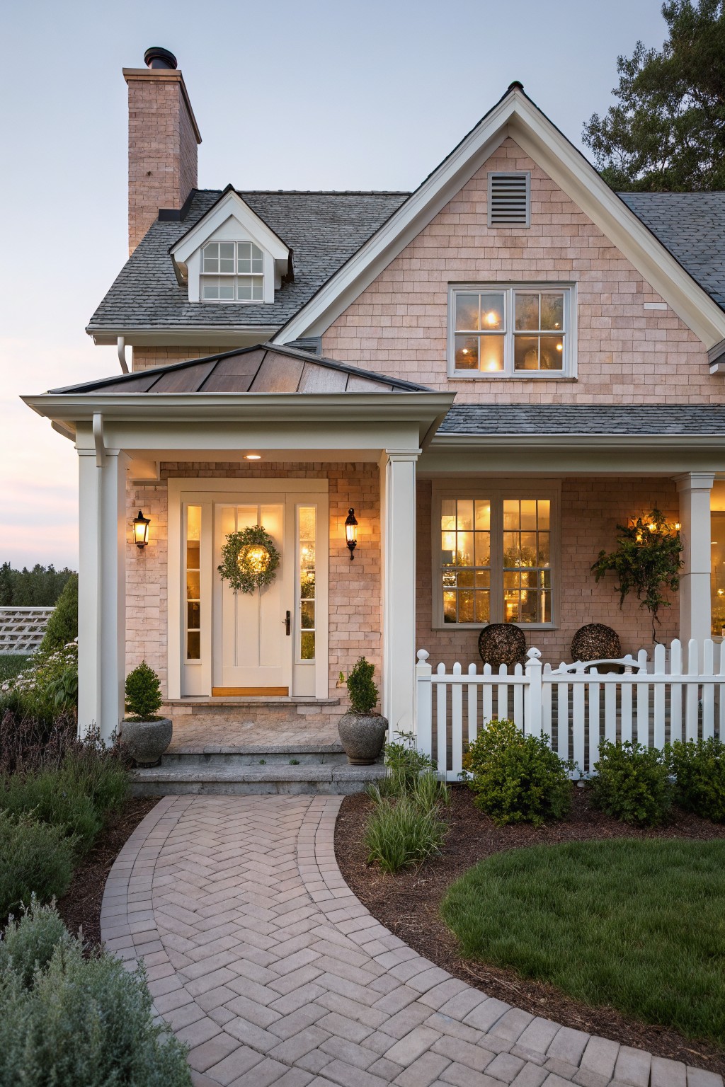 Two-story shingle-style house with pinkish siding, brick chimney, white trim, covered front porch supported by columns, glass-paneled double front door with evergreen wreath, wall lanterns, stone steps, potted plants, curved brick paver path, white picket fence, shrubs, and lawn at dusk.