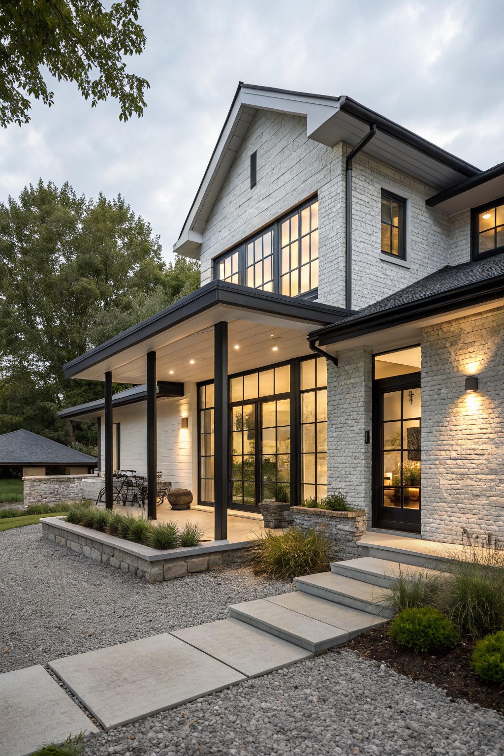 Two-story white brick house exterior with gabled roof, large black-framed windows, covered porch supported by black metal columns, black front door, concrete steps, gravel path, and low plantings around stone retaining wall.