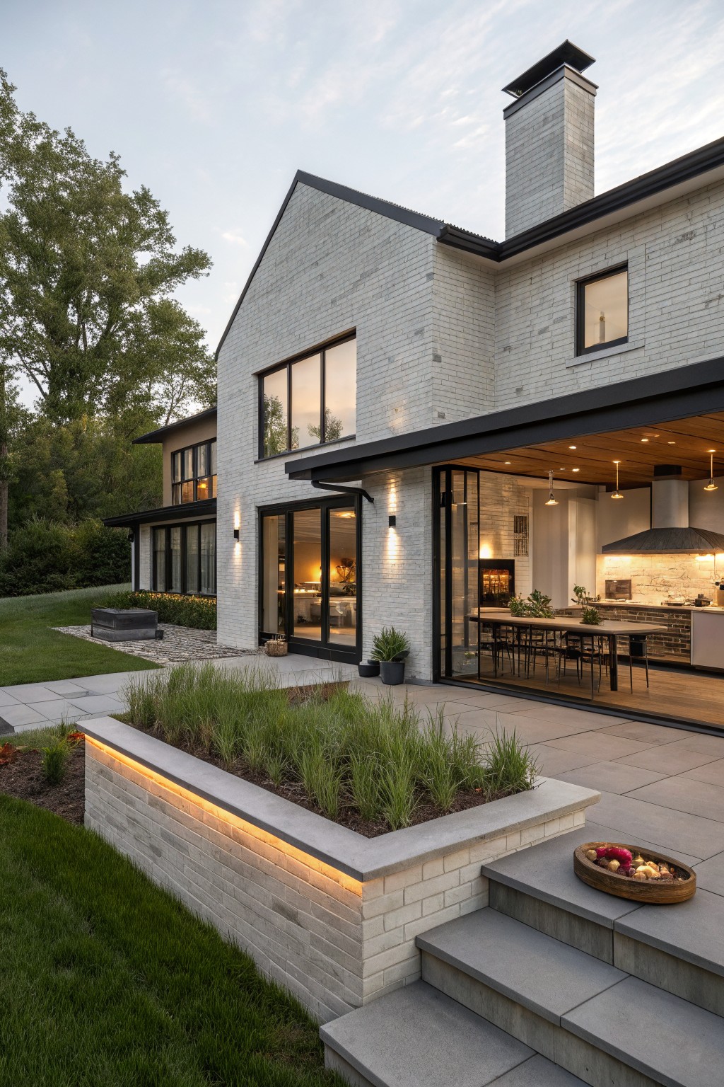 Rear and side exterior of a two-story white brick house with gabled roof, large black-framed folding glass doors opening from kitchen to gray stone patio, lit brick planter with grasses, steps to lawn, trees, and evening sky.