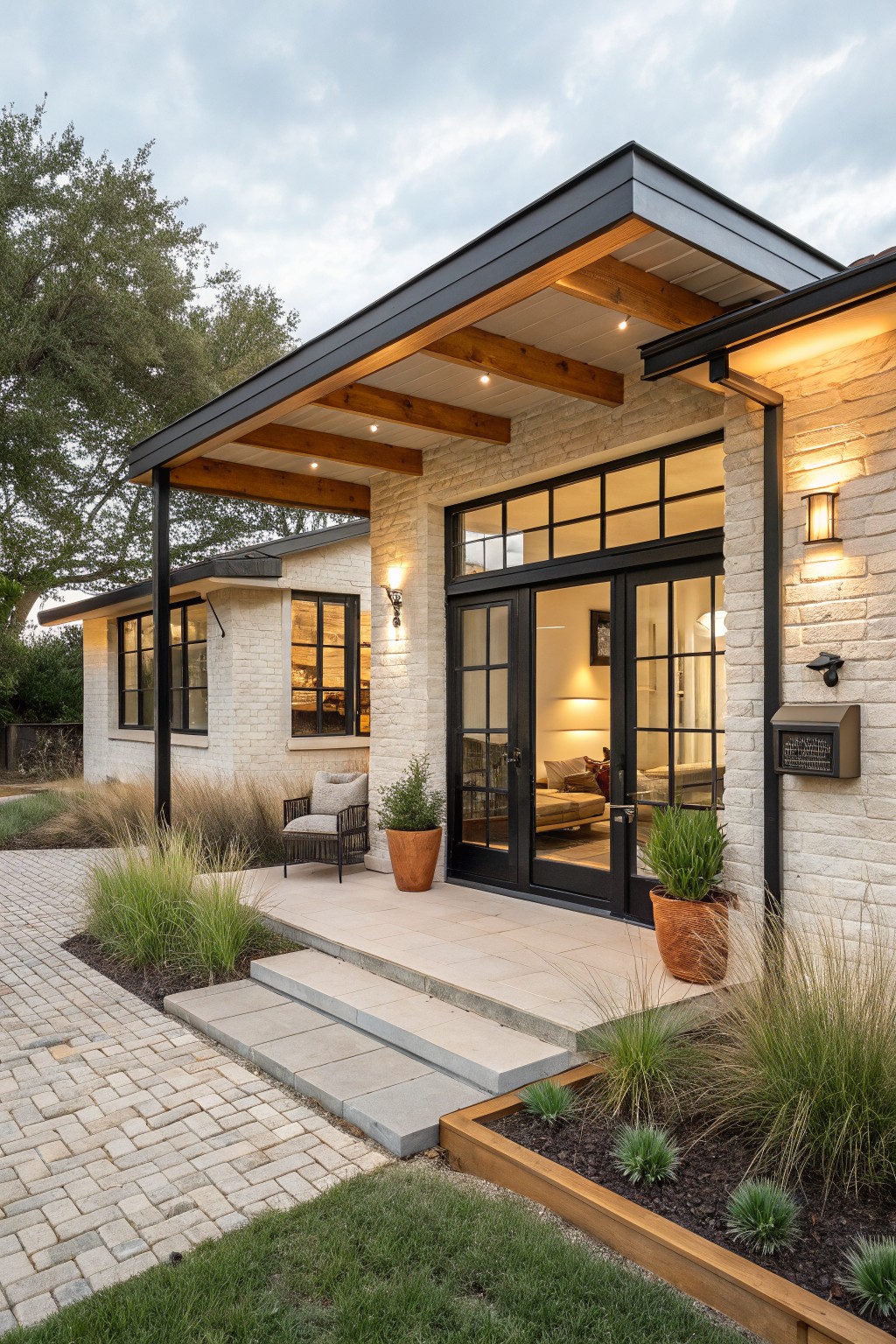 Exterior of a white brick house with black-framed grid windows and double doors under a covered overhang with exposed wooden beams, flanked by potted plants and ornamental grasses on a stone pathway.