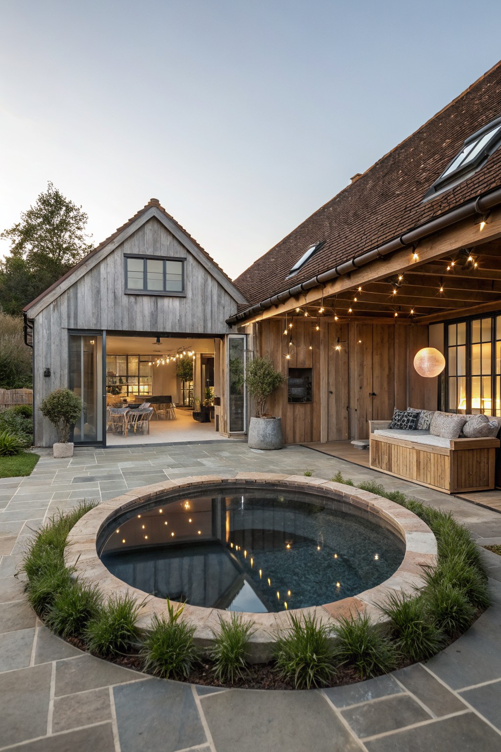 Gray weathered wood barn-style house with open bi-fold glass doors revealing interior dining area, adjacent covered wooden patio with string lights and built-in bench seating, and foreground circular pool edged with grasses on rectangular stone pavers.
