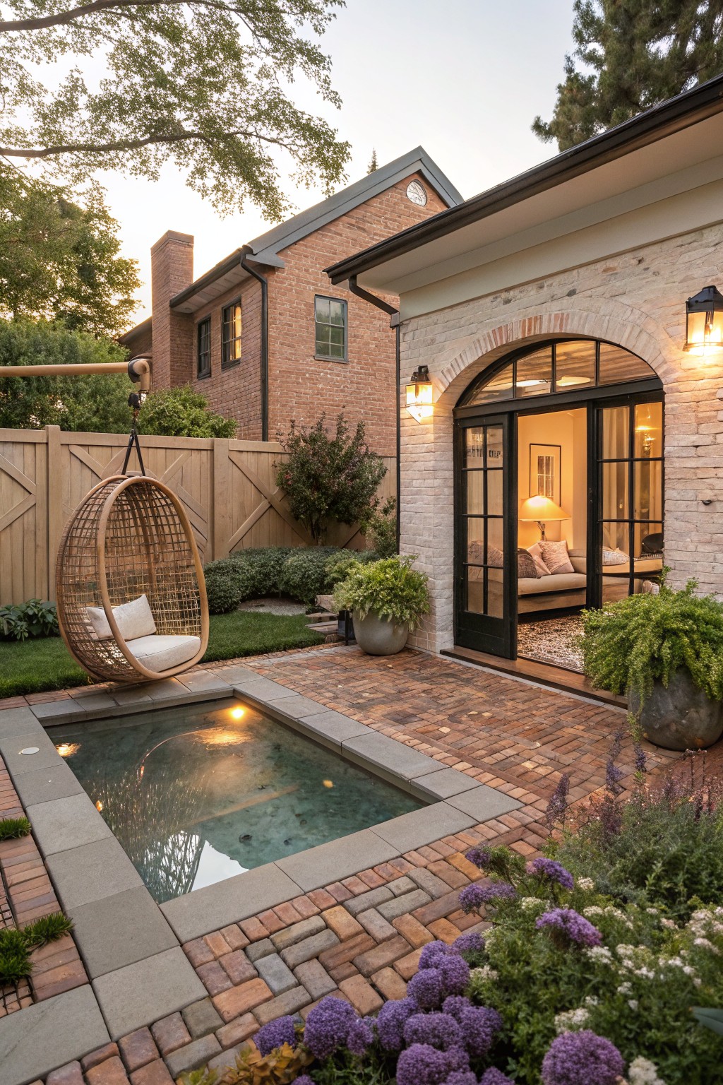 Backyard courtyard with small rectangular plunge pool edged in concrete and brick, woven hanging swing chair on grass, white brick house wall with arched black sliding doors open to interior room, potted plants, and perimeter landscaping at evening.