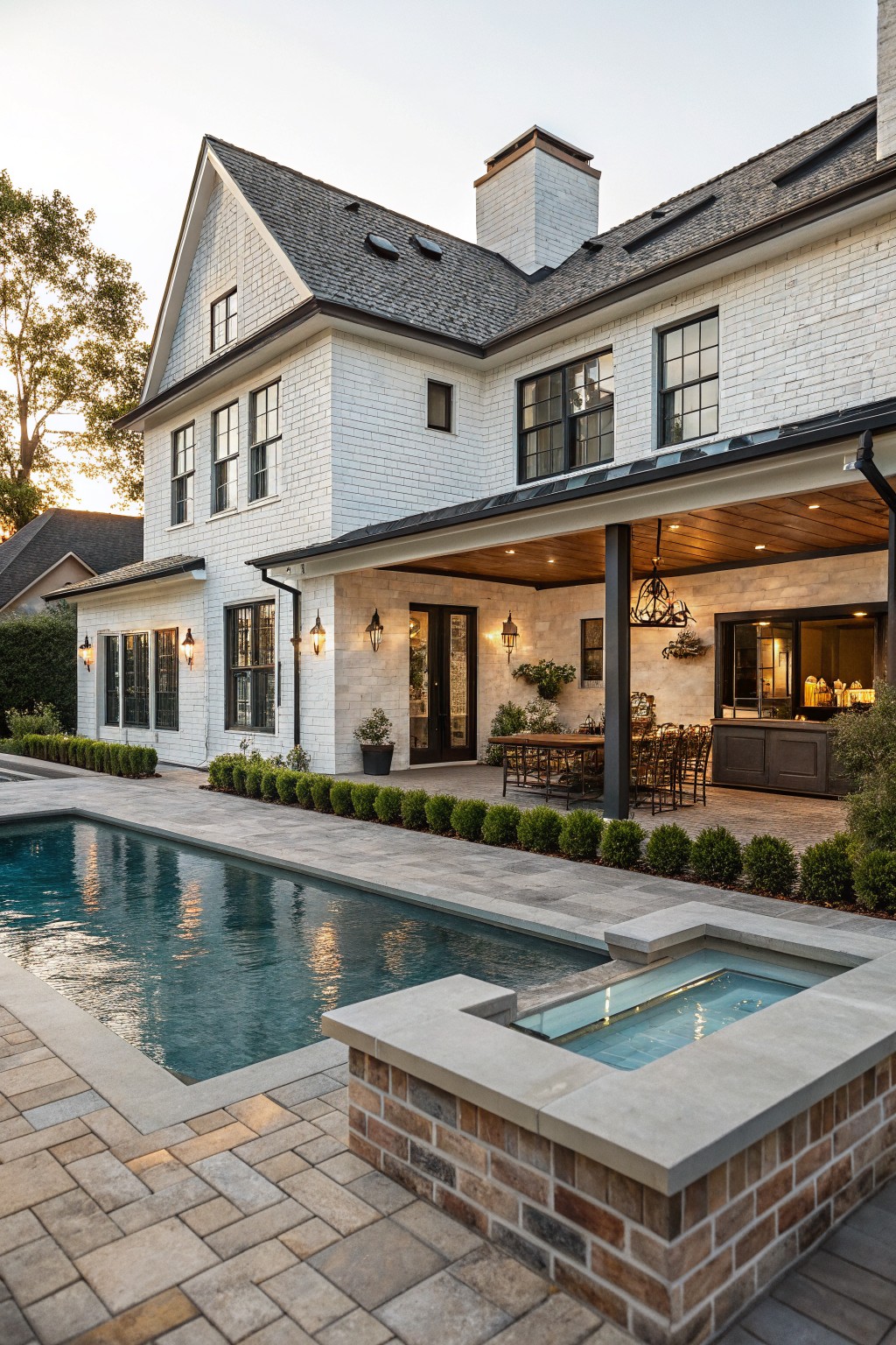 Rear exterior of a two-story white brick house with black window frames and gabled roof, featuring a covered porch with wooden ceiling, dining table, chairs, built-in kitchen cabinets, adjacent to a rectangular pool with spillover spa edge, paver patio, and boxwood hedges.