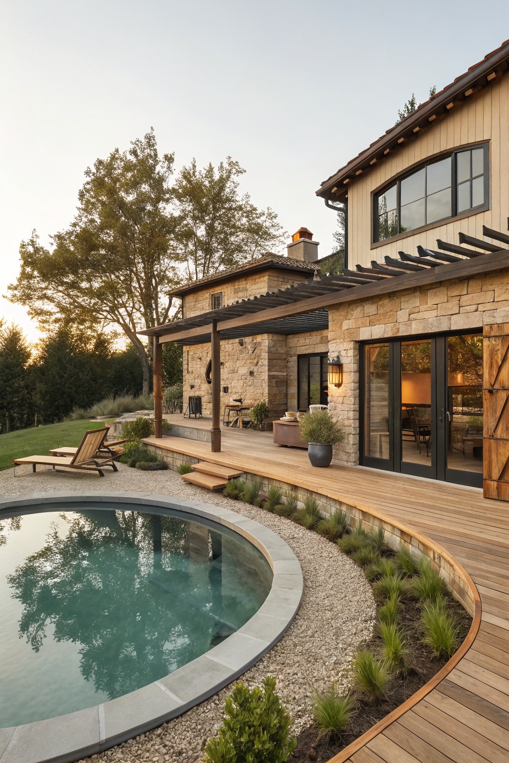 Curved in-ground pool with slate edge and turquoise water beside a wooden deck that wraps around it, adjacent to a stone and wood house with pergola, lounge chair on deck, gravel and grass plantings, and trees at dusk.
