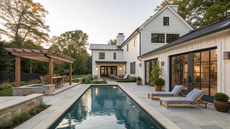 20 Modern Farmhouse Exteriors With Pools That Look Luxurious White board-and-batten sided modern farmhouse house exterior with black-framed sliding glass doors, covered patio, infinity-edge pool with steps, teak loungers, outdoor seating, and stone outdoor fireplace.