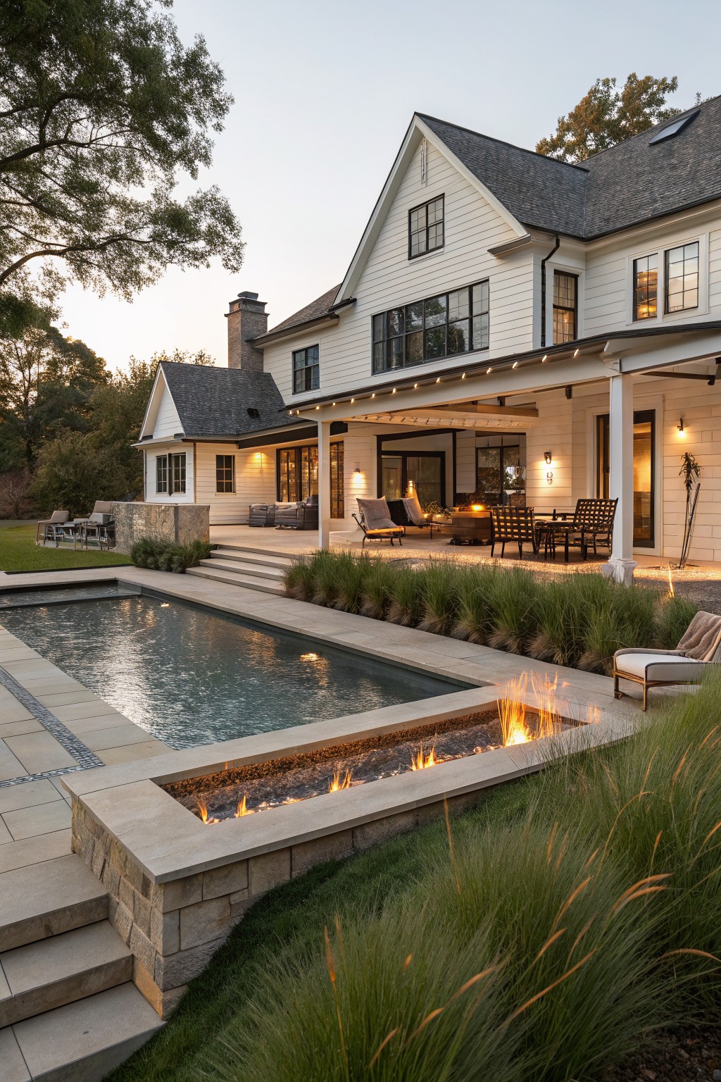 Rear exterior of a white modern farmhouse with covered porch, pool featuring a linear stone fire pit along one edge, steps down to the pool, tall grasses, lounge chairs, and dusk lighting.