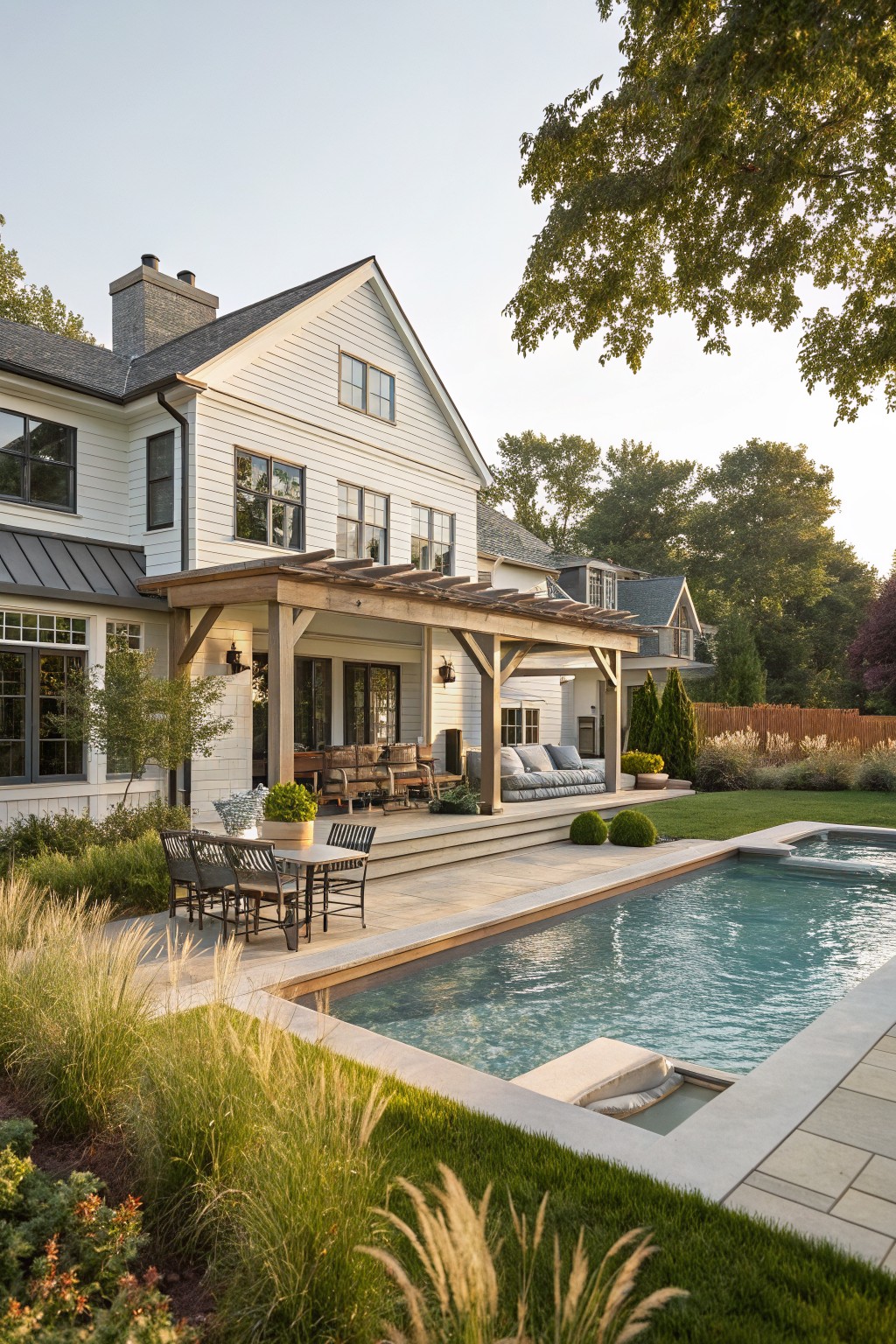 Rear exterior of white clapboard modern farmhouse with attached timber pergola over deck showing dining table, chairs, sofa, steps to turquoise rectangular pool edged in stone, surrounded by lawn, ornamental grasses, and trees in evening light.