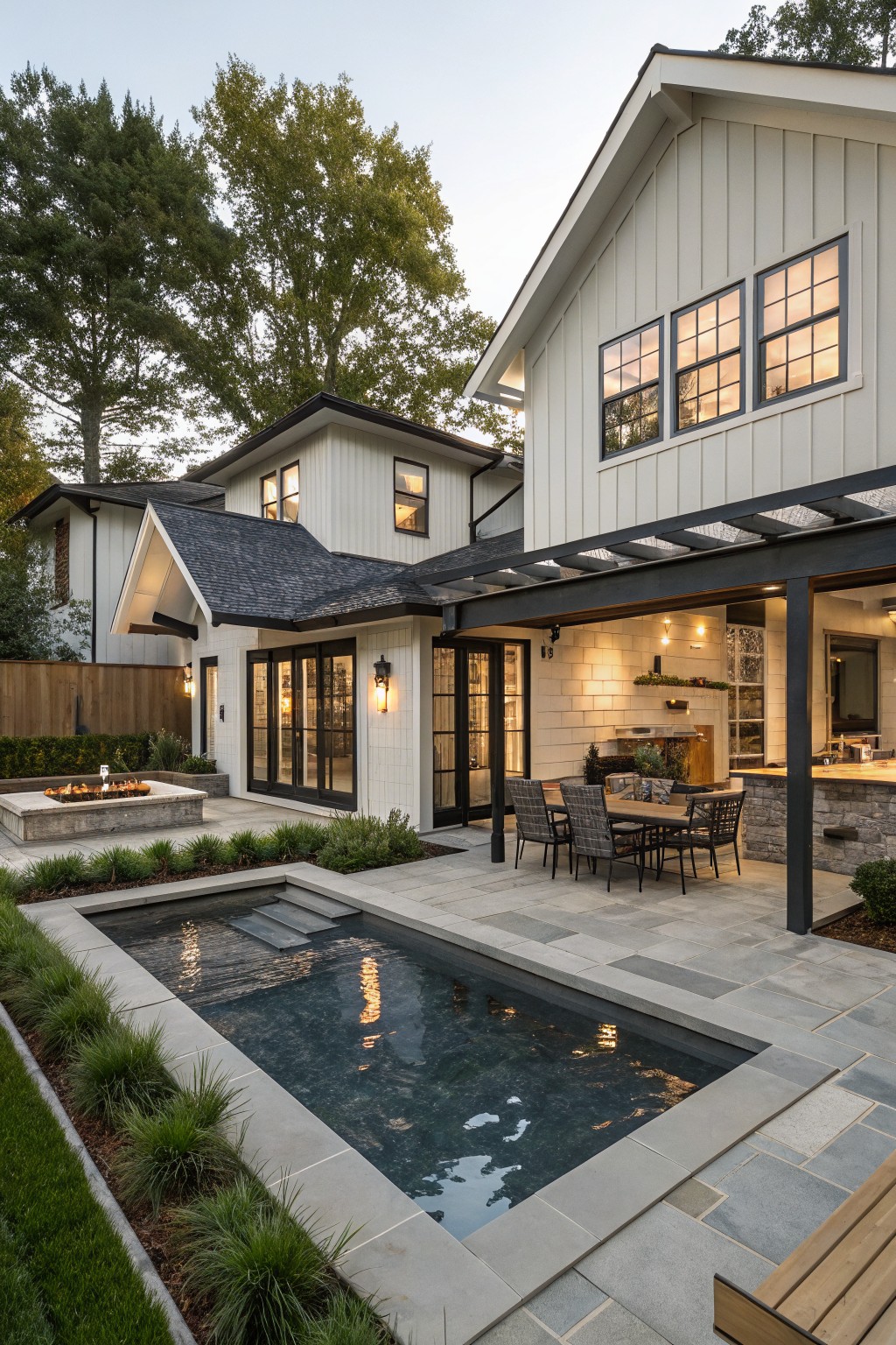 White modern farmhouse with black-trimmed windows and covered patio extending to outdoor kitchen, dining table, fire pit, and narrow rectangular plunge pool surrounded by low plants and stone pavers in backyard at dusk.