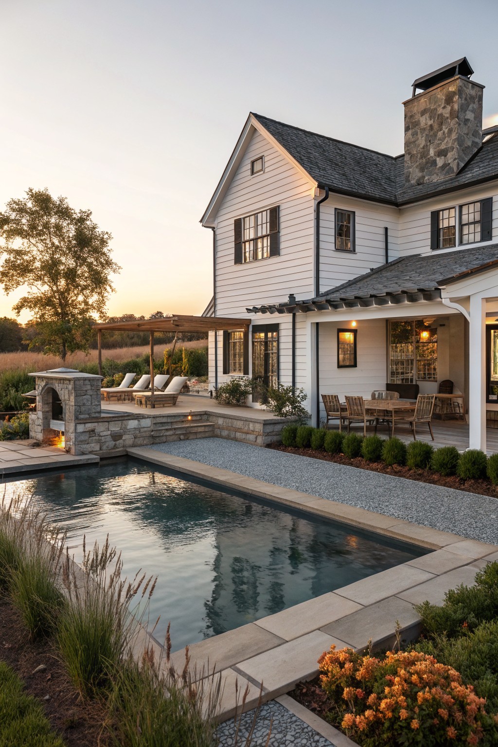 White clapboard house with covered porch, outdoor dining table, lounge chairs, stone fire pit on raised deck next to rectangular pool, gravel paths, grasses, shrubs, and trees at dusk.