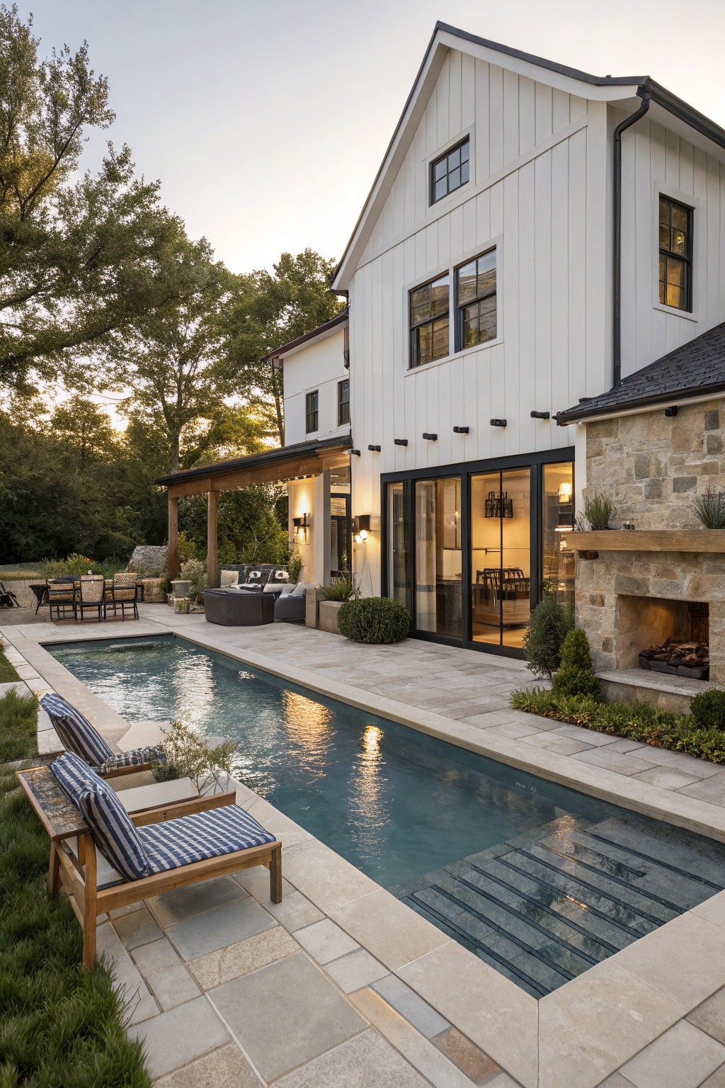 White board-and-batten sided modern farmhouse house exterior with black-framed sliding glass doors, covered patio, infinity-edge pool with steps, teak loungers, outdoor seating, and stone outdoor fireplace.