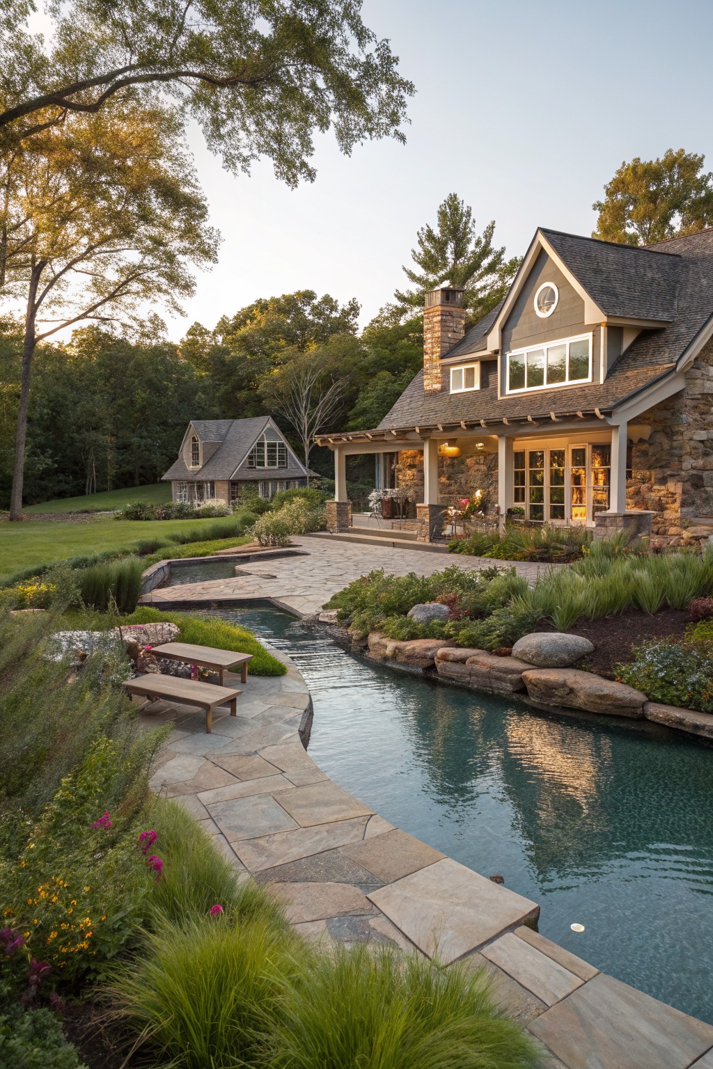 Modern farmhouse style house with stone base and shingled roof overlooking a flagstone patio, meandering stream flowing into a turquoise pool, surrounded by rocks, grasses, benches, and trees in evening light.