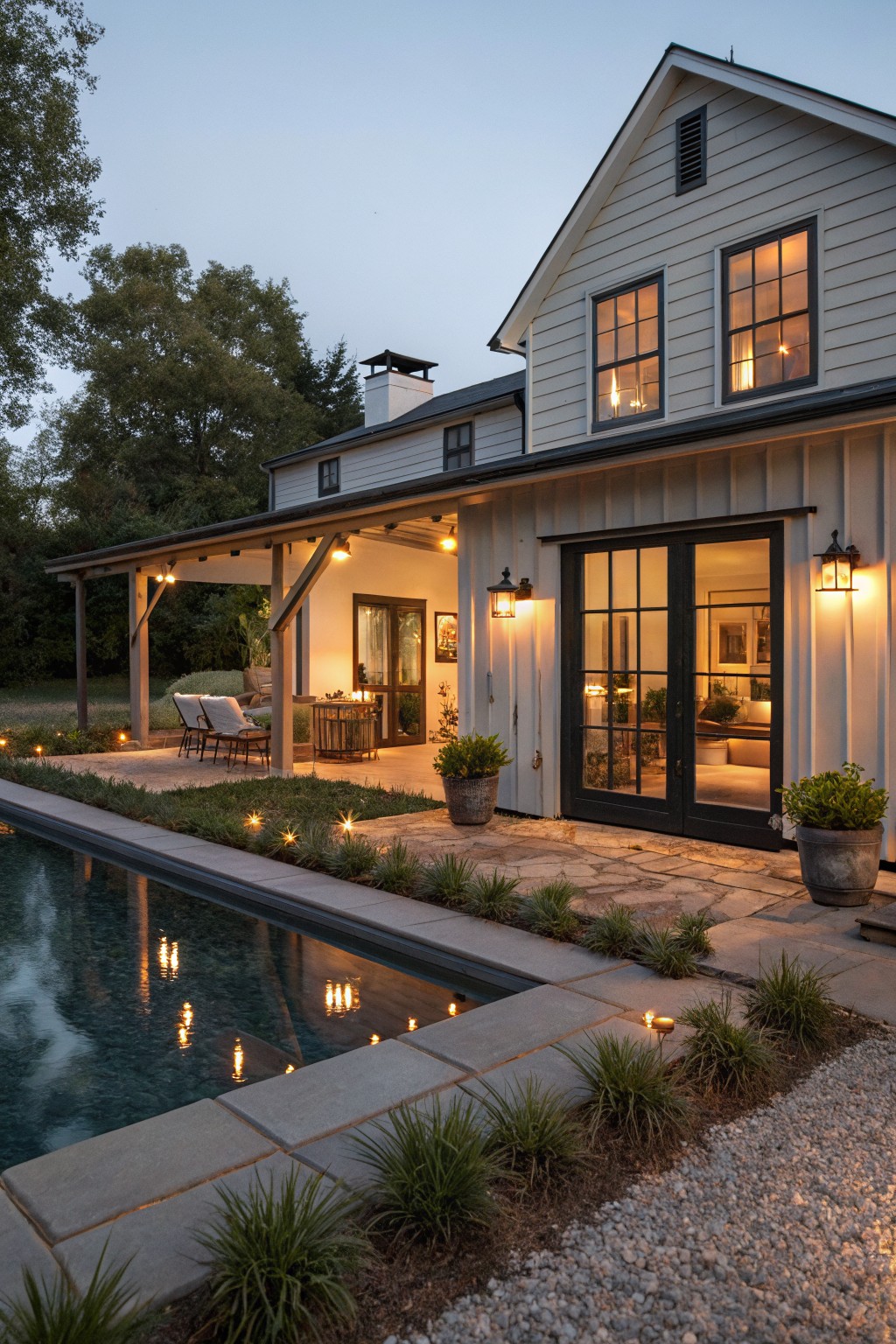 Rear exterior of a light gray board-and-batten modern farmhouse with a covered porch featuring lounge chairs, a side table with candles, large black-framed glass doors and windows, wall lanterns, and a rectangular pool edged with pavers, plants, and ground lights at dusk.