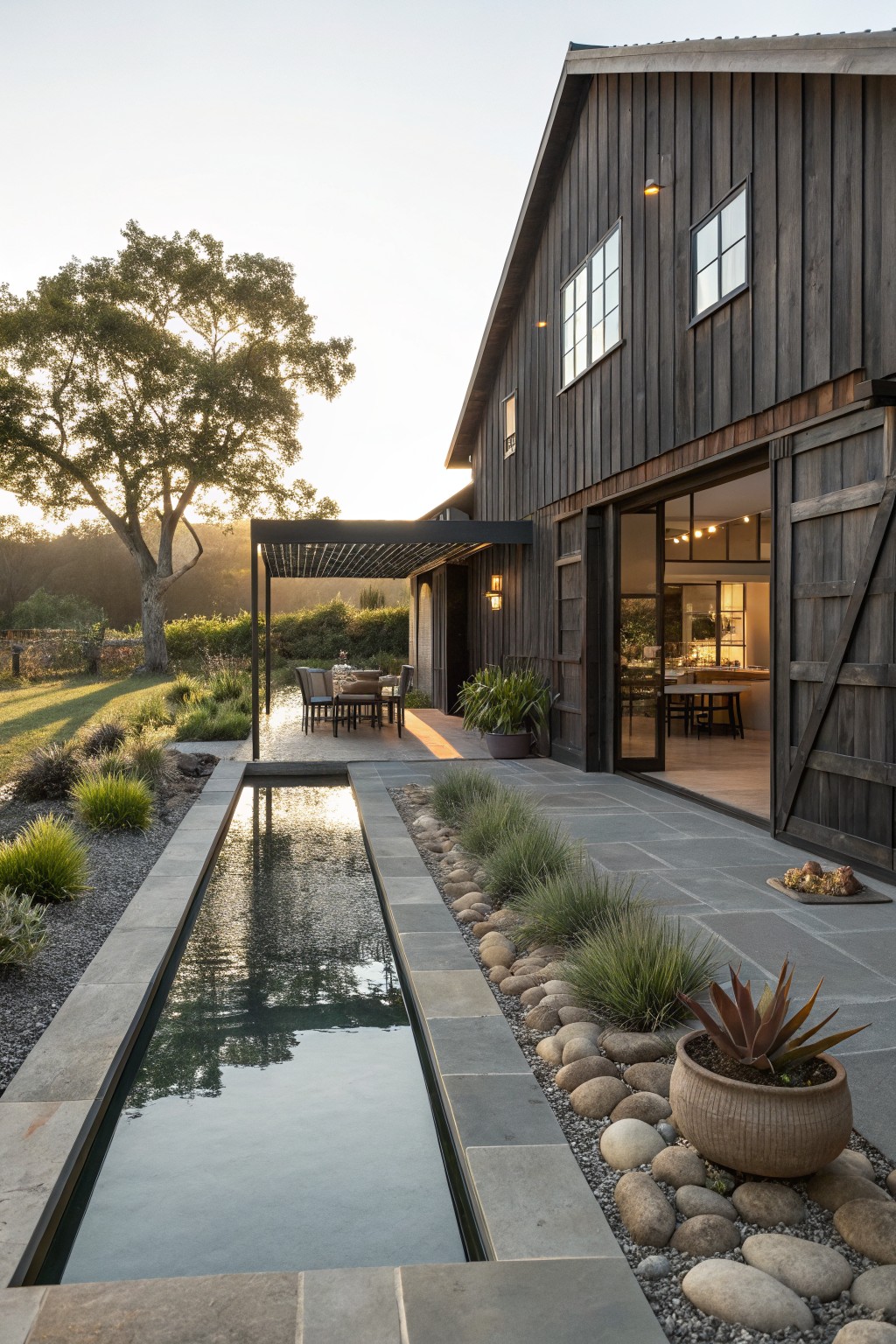 Dark wood barn-style house exterior with large open sliding barn doors revealing interior kitchen, adjacent covered patio with dining table and chairs, linear reflecting pool edged with pebbles and grasses along stone pavers, plants and oak tree in background at sunset.