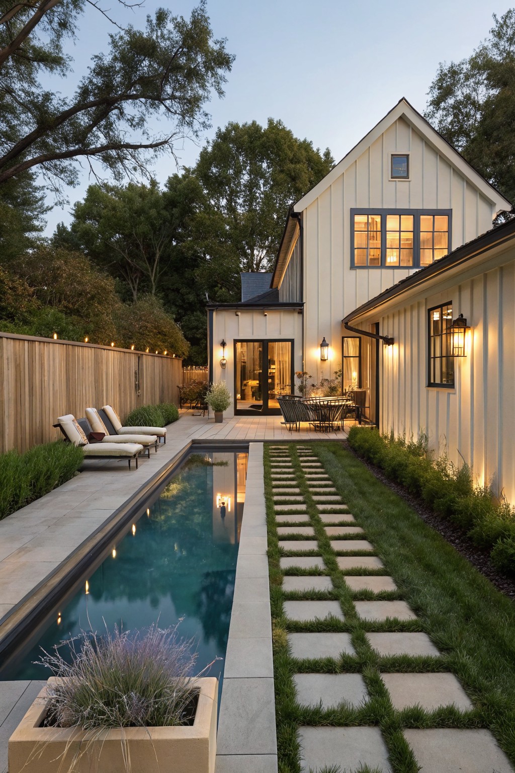 Side view of a white board-and-batten modern farmhouse with black-trimmed windows and doors, narrow in-ground pool with blue water and underwater lights, two lounge chairs on adjacent paver deck, linear grass pathway with square concrete stepping stones leading to house, wooden fence with string lights, and low shrubs.