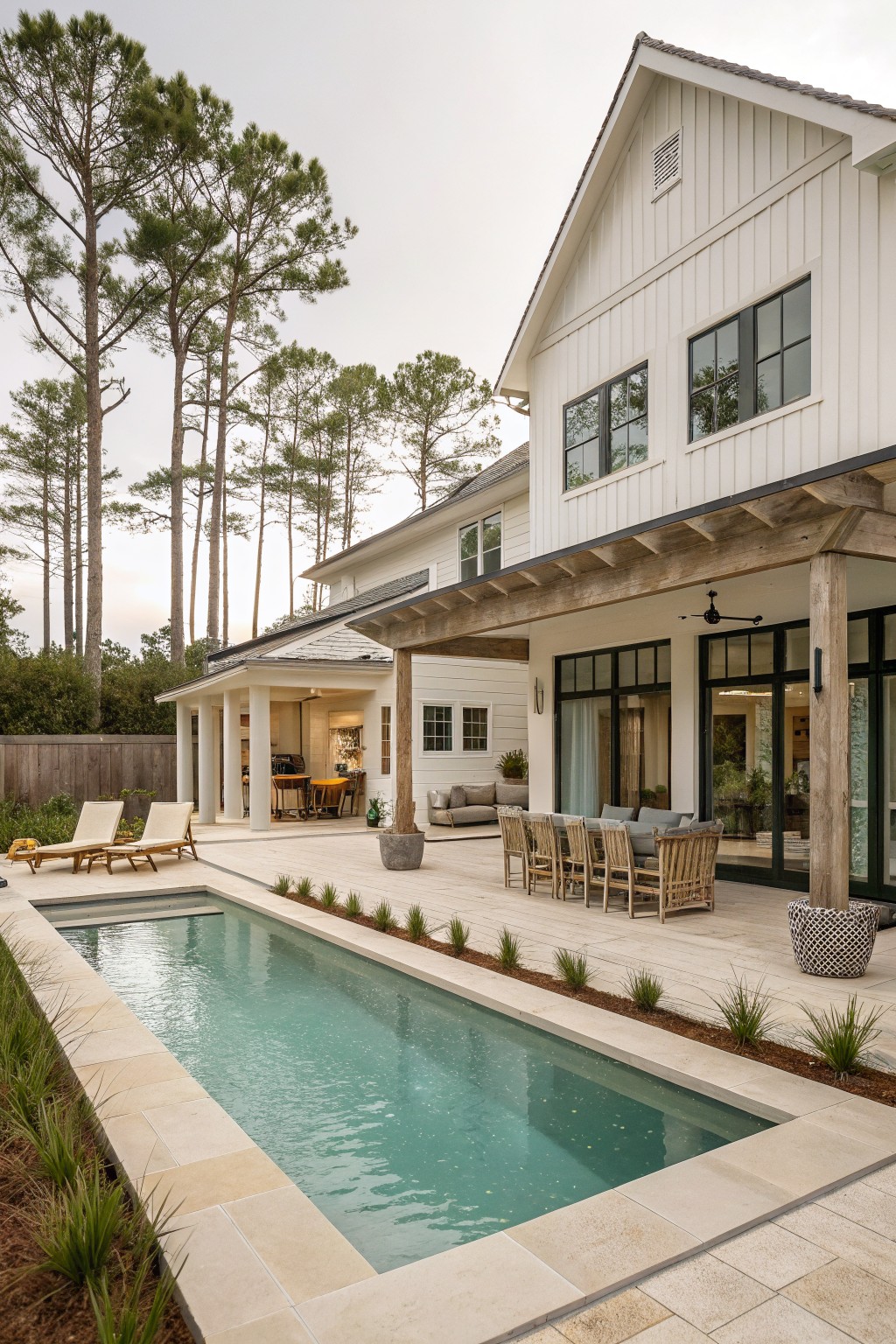 White board-and-batten house exterior with covered timber porch, stone patio featuring teak dining table and chairs, narrow rectangular lap pool with turquoise water, plants along the edge, and pine trees in the background.