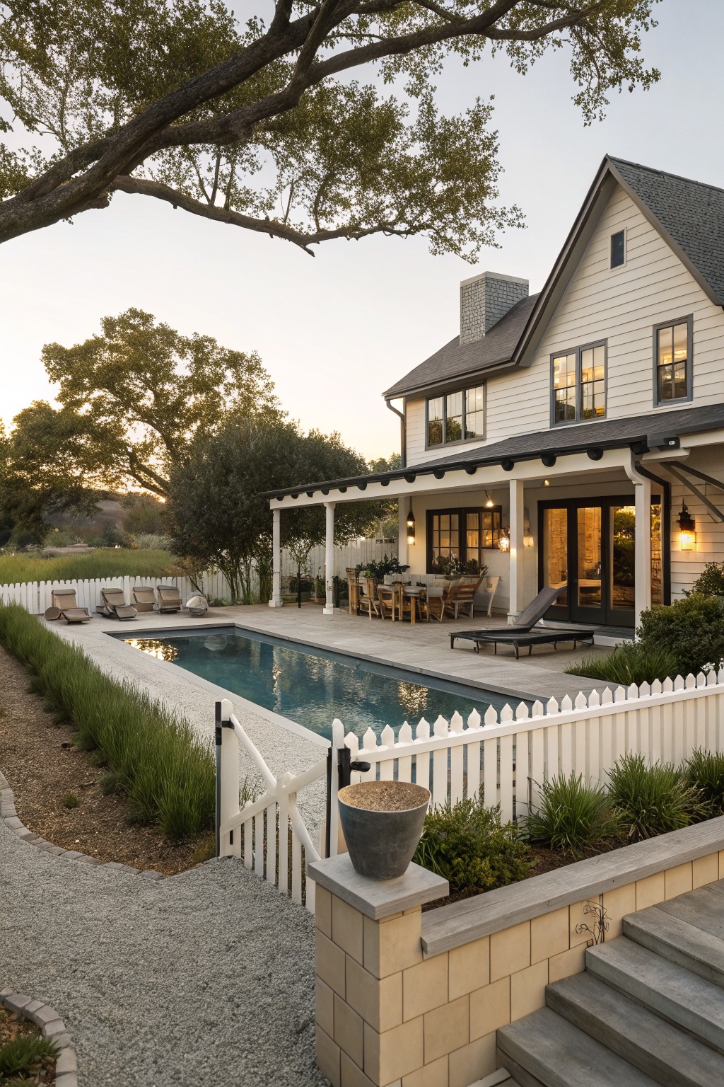 Back view of a white modern farmhouse house with dark trim and covered porch overlooking a rectangular blue lap pool enclosed by a white picket fence with arched gate, lounge chairs poolside, dining table on patio, ornamental grasses, gravel path, and stone steps.