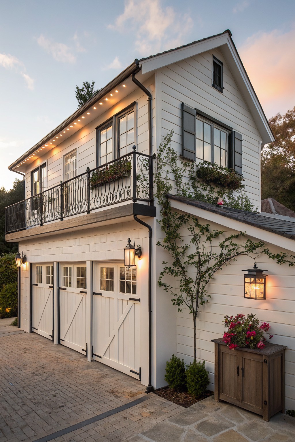 White shiplap-sided modern farmhouse garage with three white doors at ground level, black wrought-iron balcony above with flower boxes, climbing vines, lit lanterns, small tree and potted flowers beside the driveway at dusk.