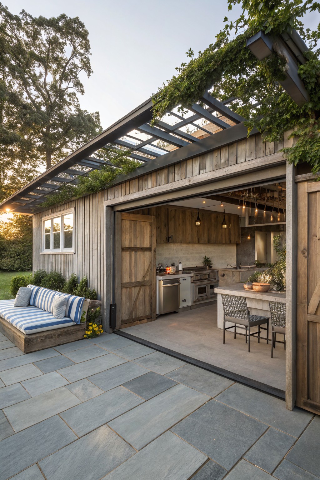 Wooden garage building with large open barn-style door revealing stainless steel kitchen appliances and countertops inside, topped by vine-covered metal pergola structure, next to bluestone patio with cushioned bench and lawn.