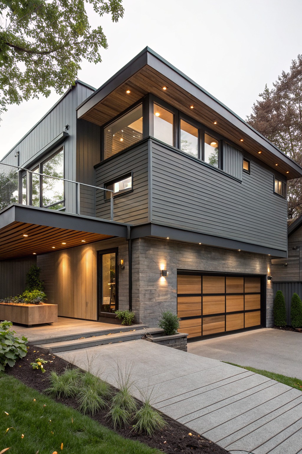 Modern two-story house exterior with gray vertical siding, two-car wood slat garage door next to the entry under a cantilevered wooden canopy, concrete driveway and path, and low landscaping.