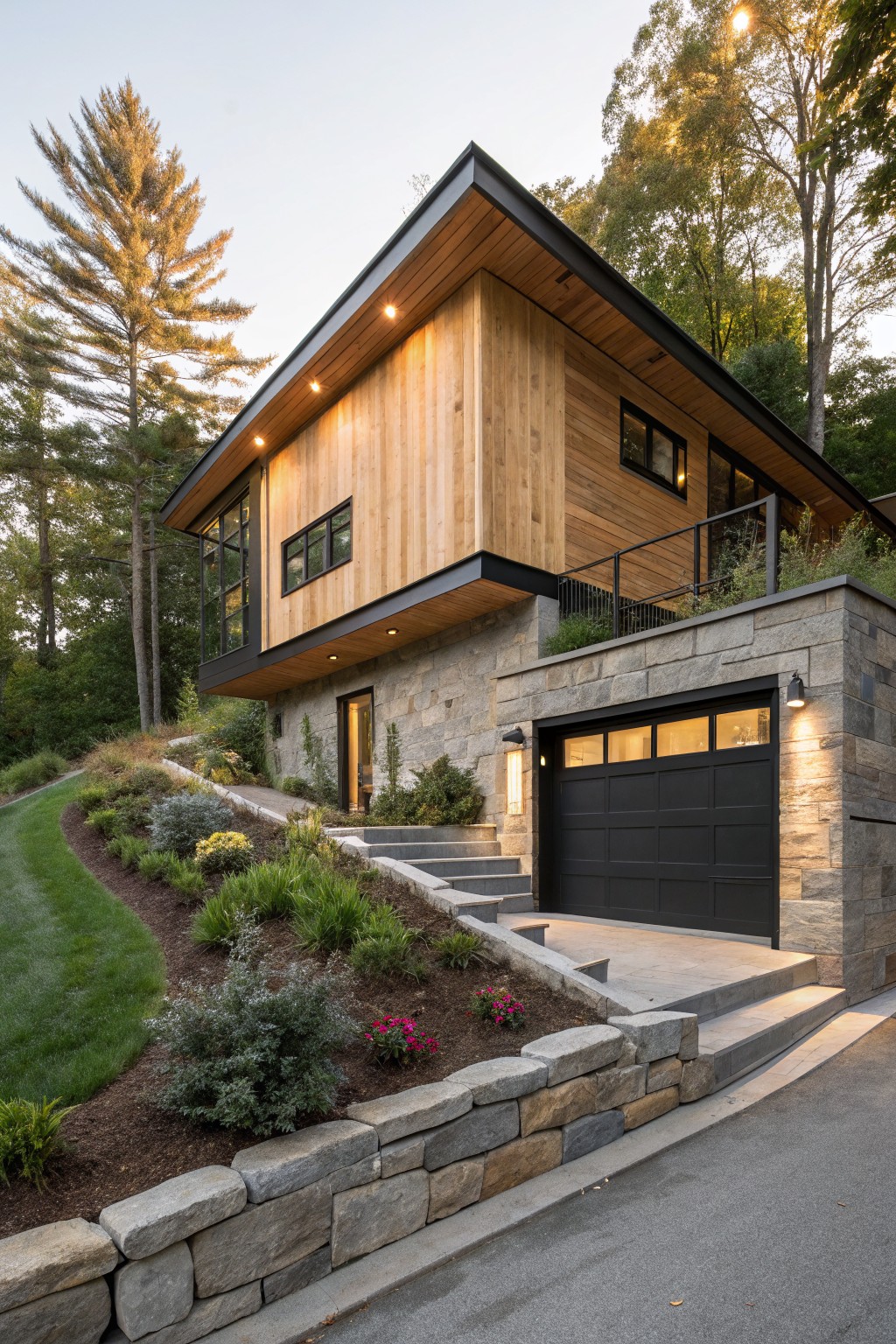 Modern house with cedar siding and black garage door integrated into a stone retaining wall on a sloped, landscaped lot with trees and steps leading to the entry.