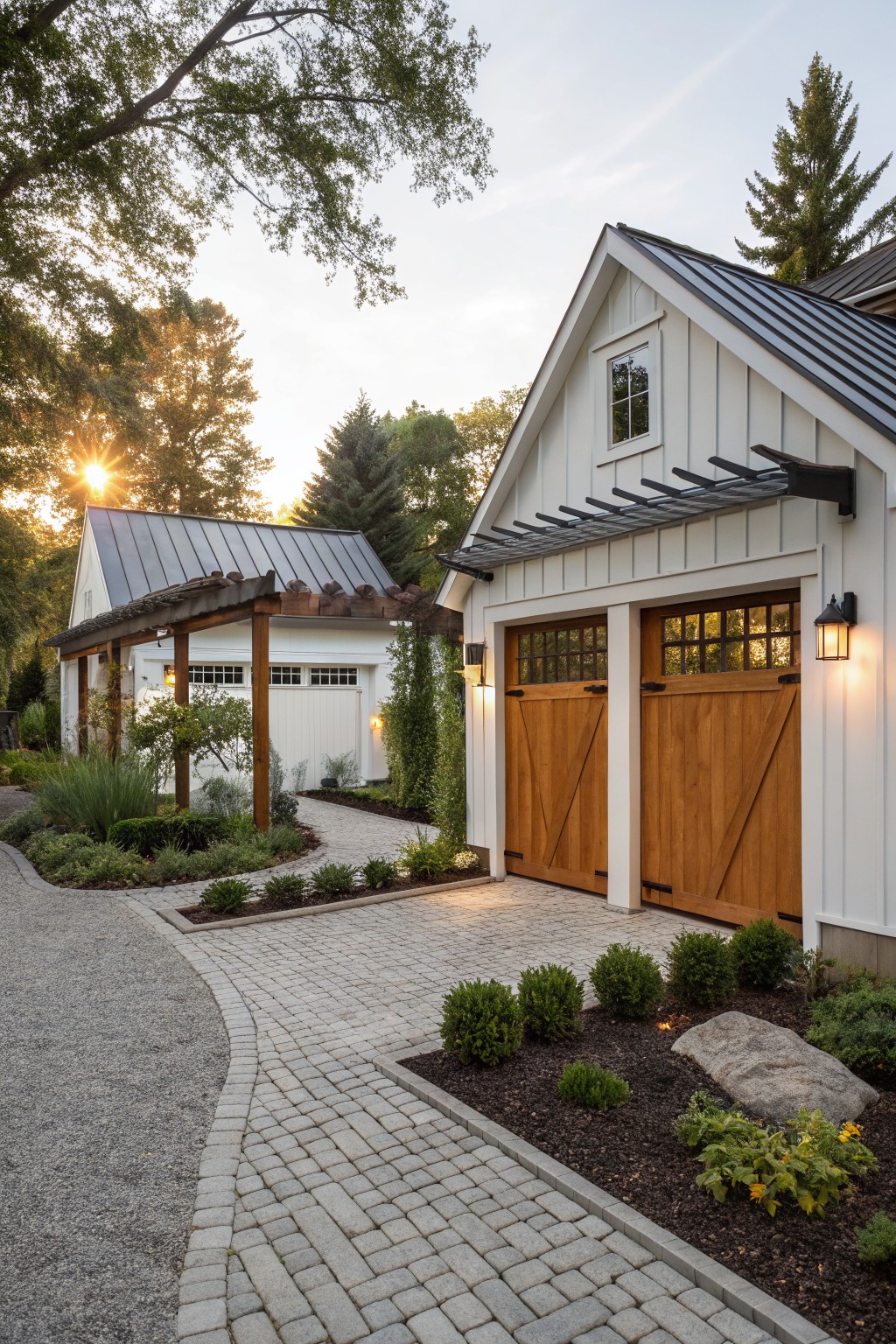 White board-and-batten garage building with wooden double doors on one side and a smaller structure with white garage door under a pergola on the other, gravel driveway curving to brick paver path amid plantings and trees at sunset.