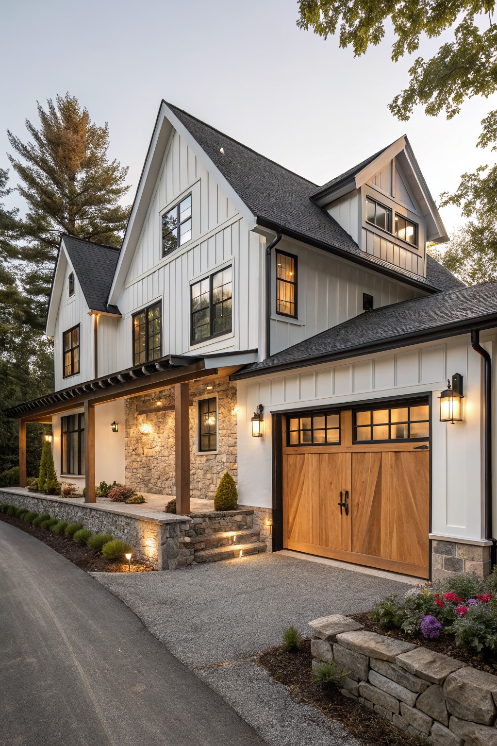 White modern farmhouse house exterior at dusk with black roof, side-attached garage with wooden barn doors, stone entry wall, porch, and gravel driveway edged by landscaping.