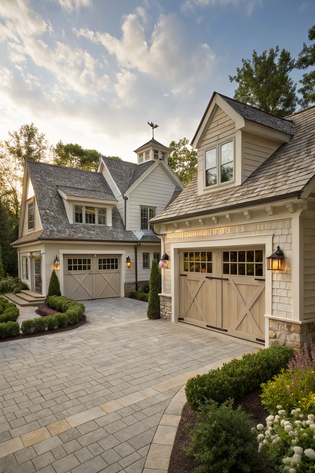 Exterior of a shingled modern farmhouse with attached side garage featuring wooden paneled doors, curved paver driveway, boxwood shrubs, and lantern lights.