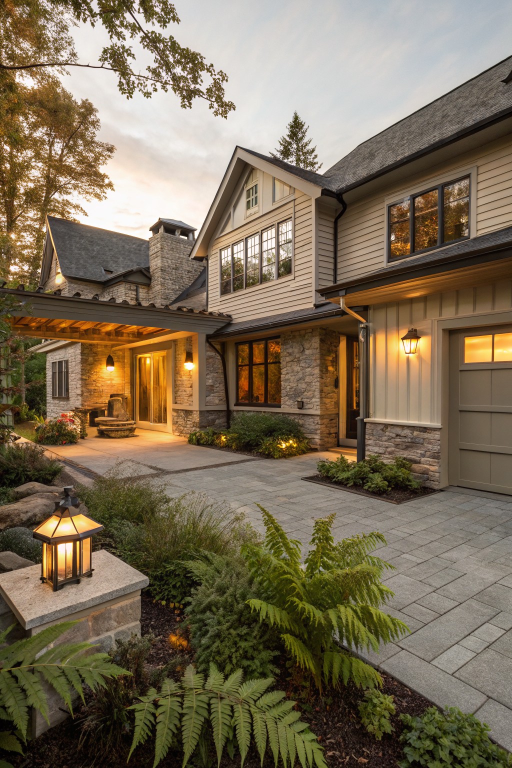 Exterior view of a modern farmhouse house at dusk with a side garage door under a covered breezeway connected to the main stone-accented entry, surrounded by landscaping, paver pathway, and lit lanterns.