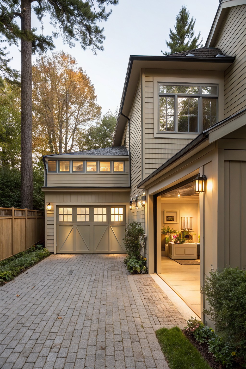 Tan modern farmhouse house exterior with open side garage door revealing interior mudroom area, paver driveway, wooden fence, tall pine trees, and landscaping plants.