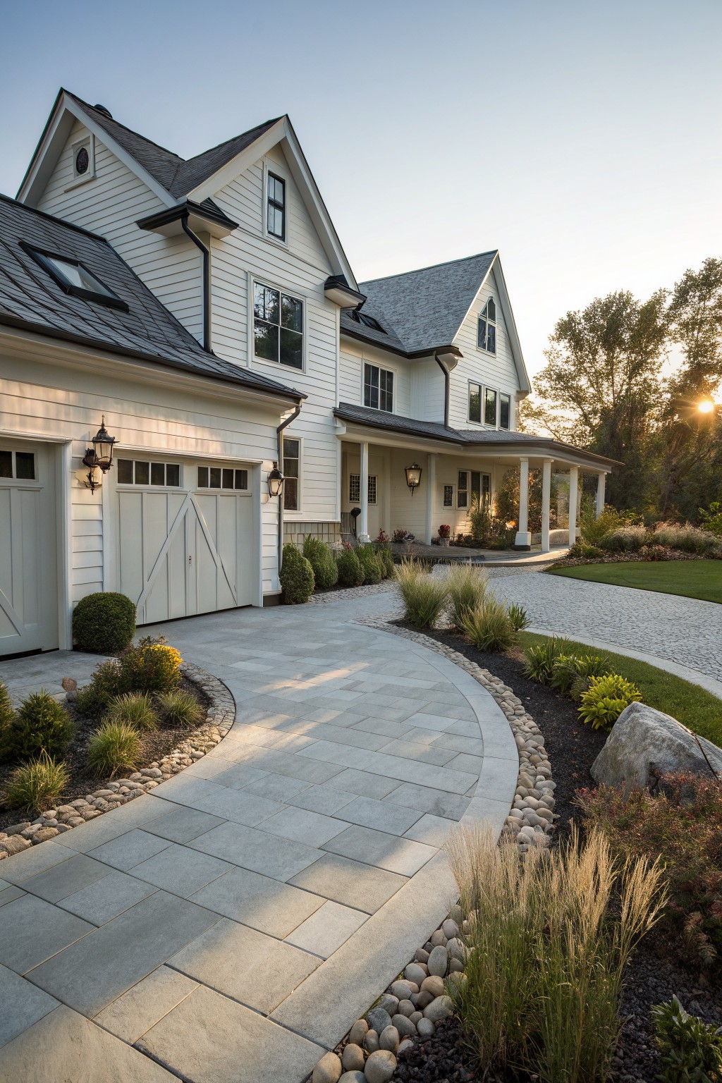 White clapboard modern farmhouse with attached side garage, double barn-style doors, curved gray paver driveway bordered by ornamental grasses, shrubs, and rocks leading to the front porch at dusk.