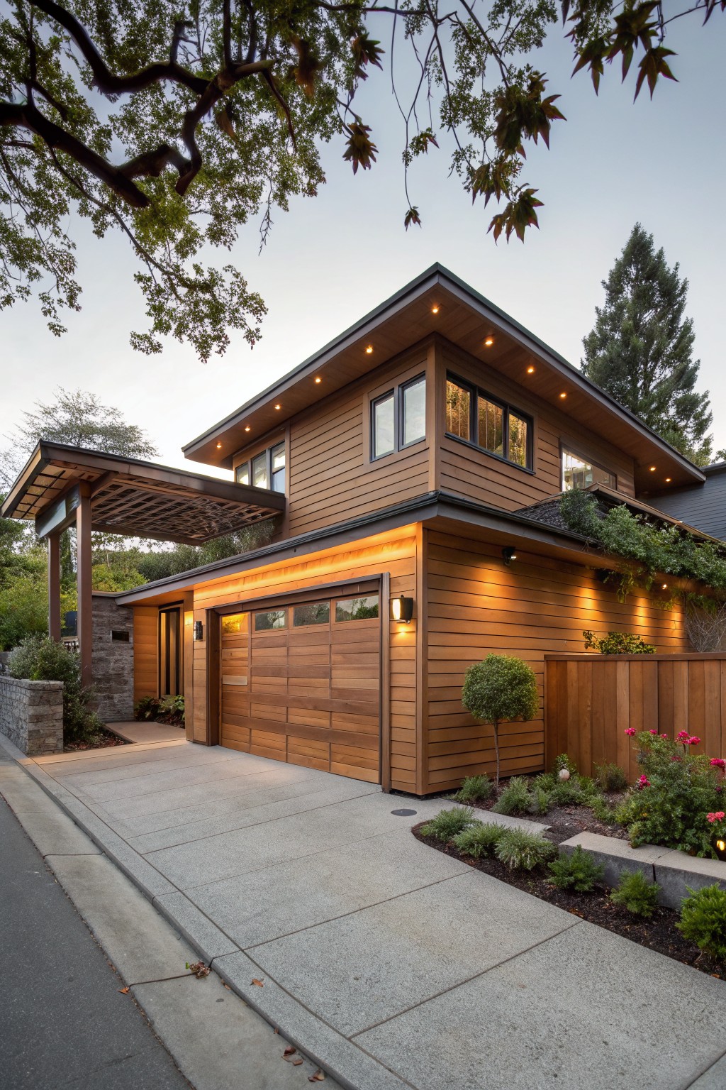 Modern two-story house exterior with cedar siding, a side-facing wooden garage door under a trellis canopy, warm exterior lighting, driveway, and surrounding landscaping at dusk.