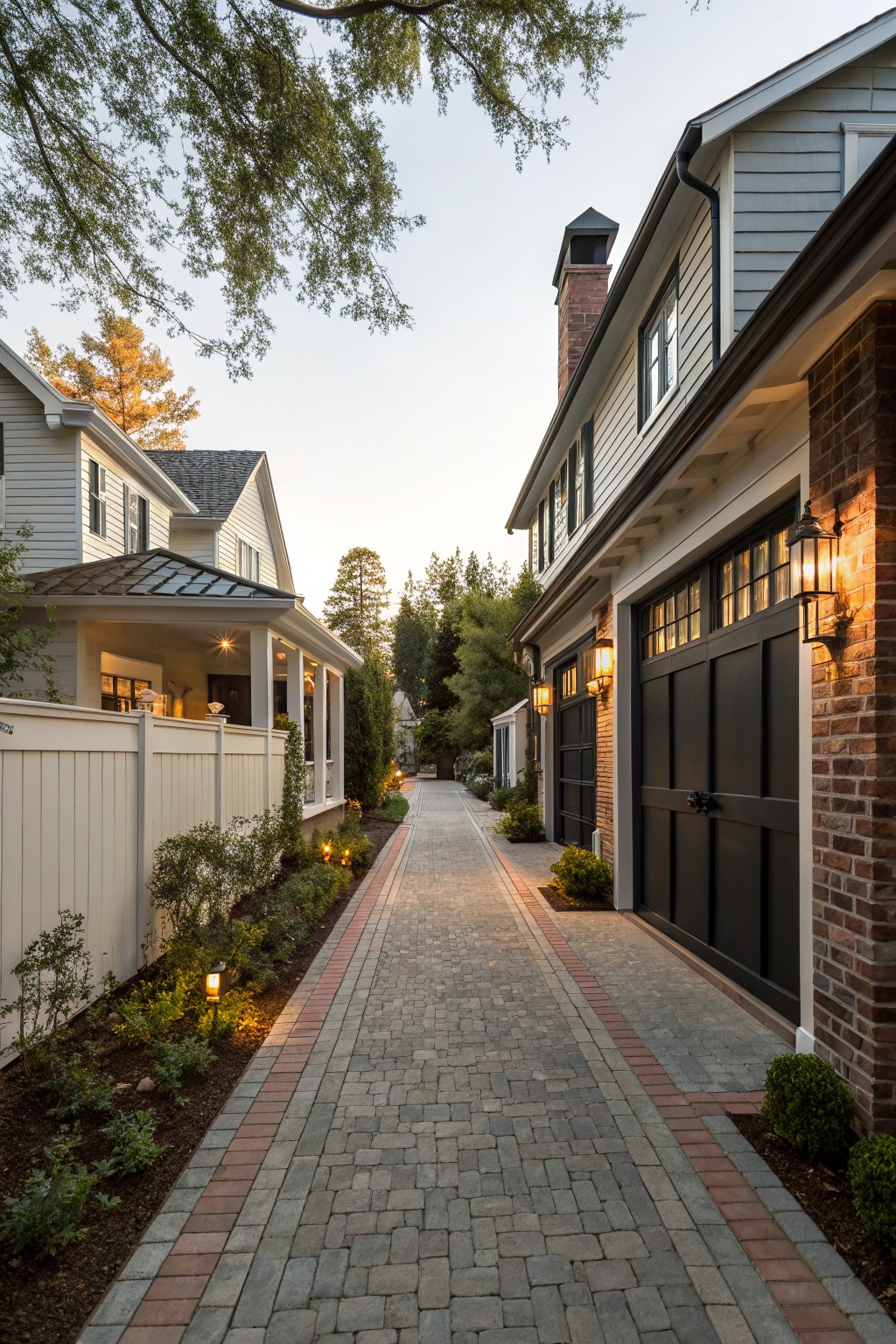 Brick paver pathway lined with plants and lanterns runs between white clapboard houses toward black paneled garage doors on a brick wall, with trees and fencing visible.