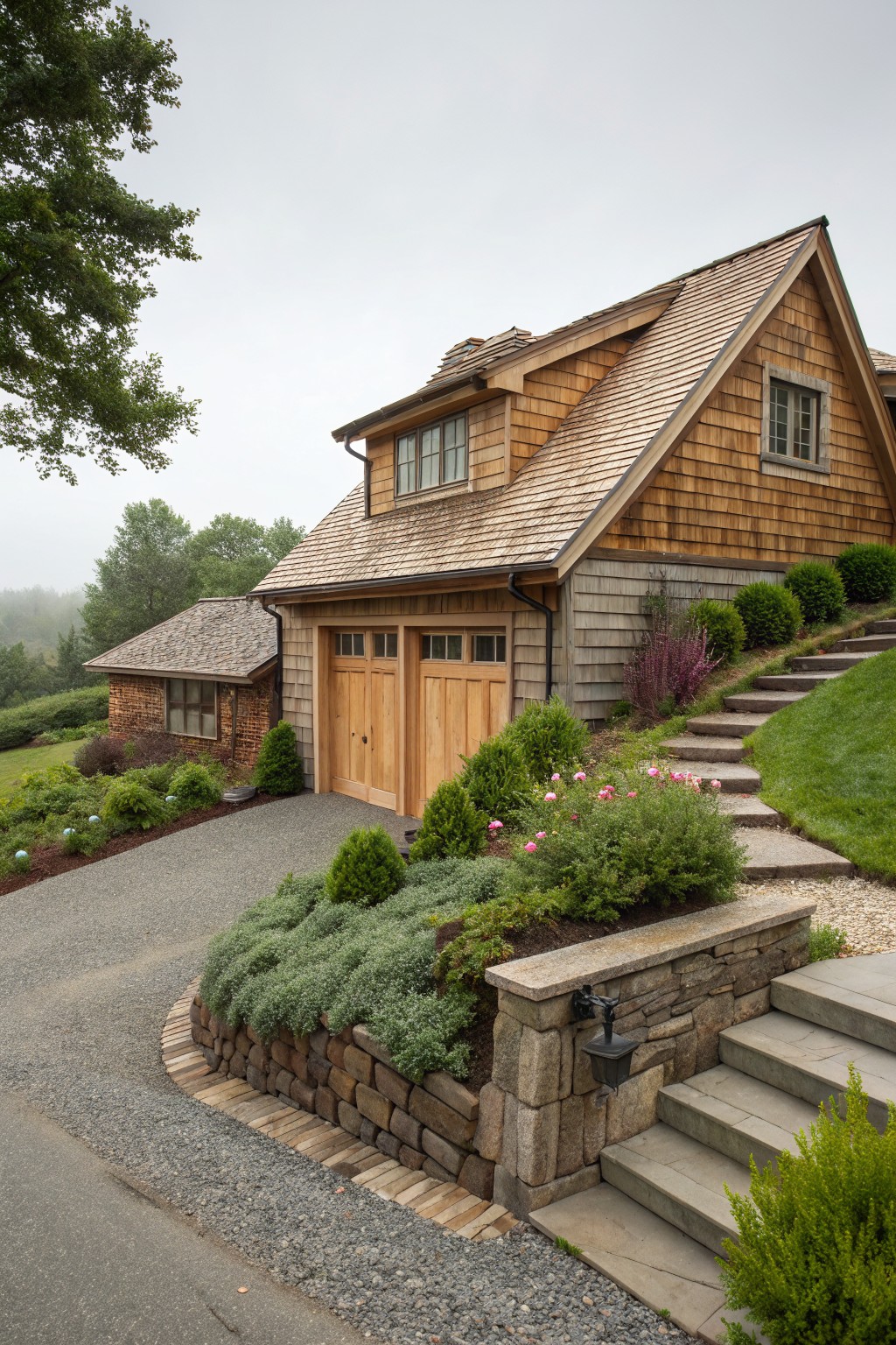 Cedar shingle house with attached two-car wooden garage doors on a sloped gravel driveway, stone retaining walls, broad concrete steps leading uphill flanked by shrubs and plants, misty background with trees.