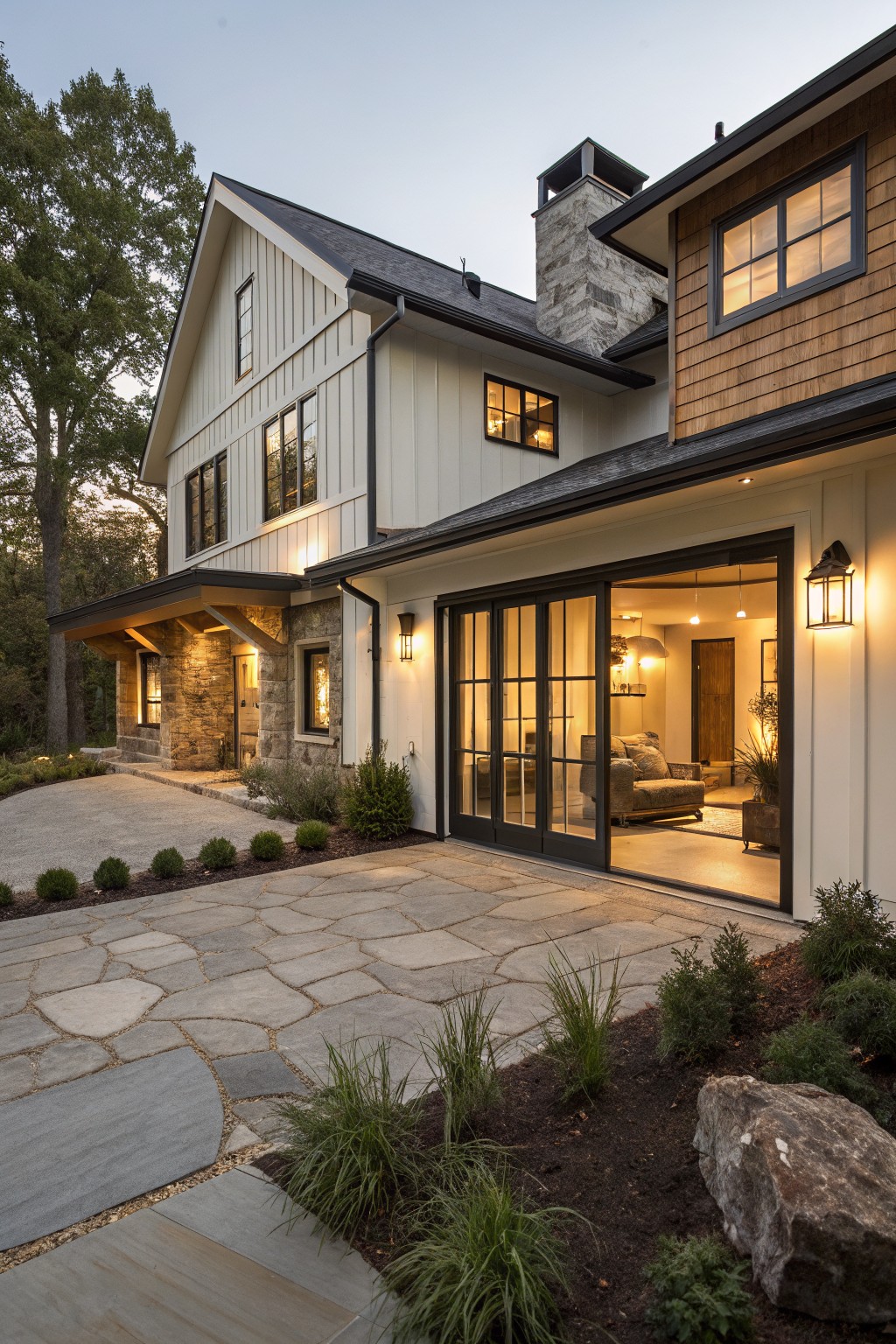 Side exterior view of a two-story modern farmhouse with white board-and-batten siding, cedar shake siding accents on upper sections, stone chimney and base, black-framed multi-panel sliding glass doors opening to an indoor living area, flagstone patio, and low plantings around trees.