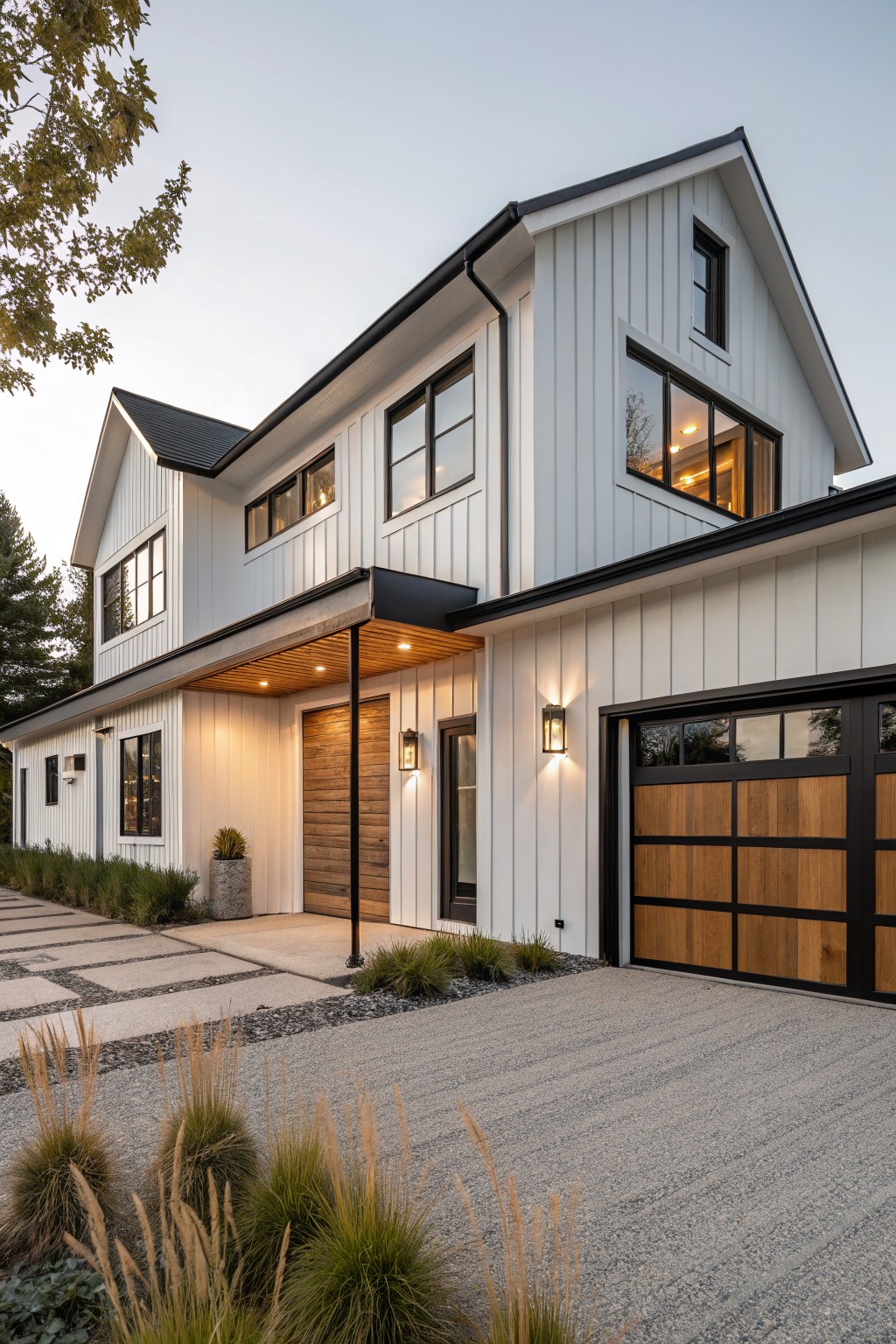 Modern two-story white farmhouse with wood accents and attached garage.