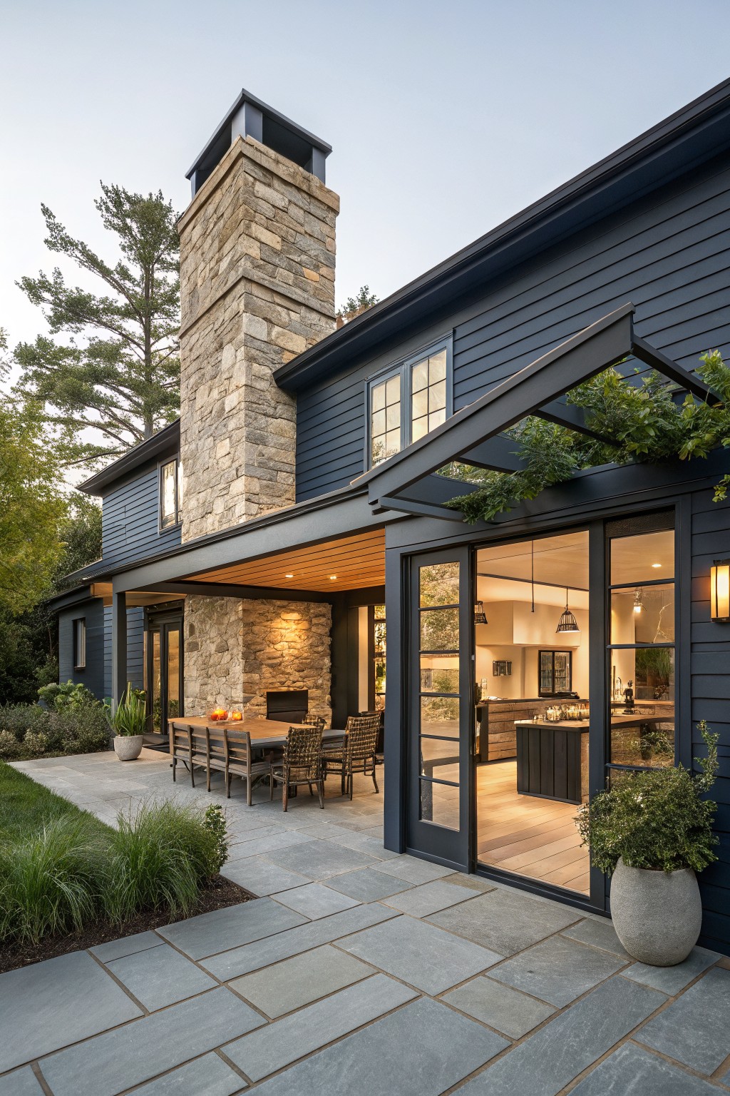 Side exterior of a two-story house with dark blue horizontal siding, tall stone chimney, covered patio with wood ceiling and built-in fireplace, bluestone paver patio with teak dining table and chairs, large glass doors to kitchen, surrounded by trees and plants.