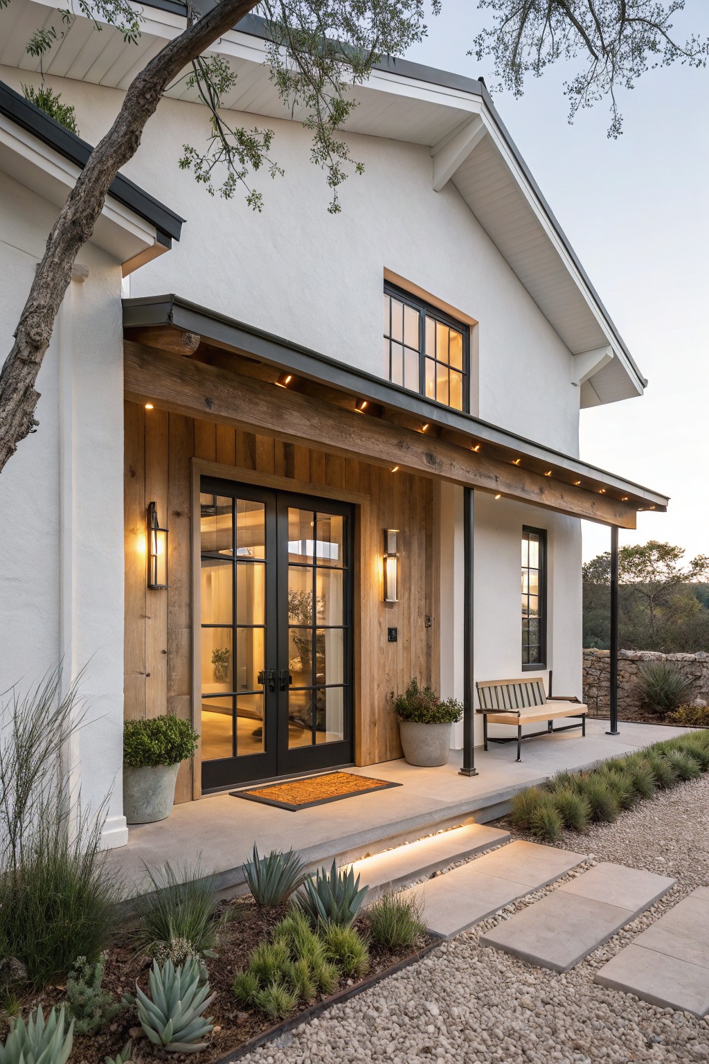 Side exterior view of a white-sided modern farmhouse with a covered porch featuring exposed wood beams, black-framed double doors and windows, wall lanterns, a wooden bench, potted plants, gravel ground cover, and stone steps.