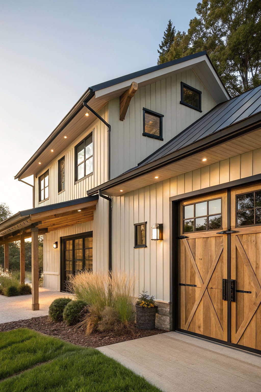 Side exterior of a two-story modern farmhouse with light vertical board and batten siding, black metal roof, wooden double garage doors, black windows, and low landscaping along the base.